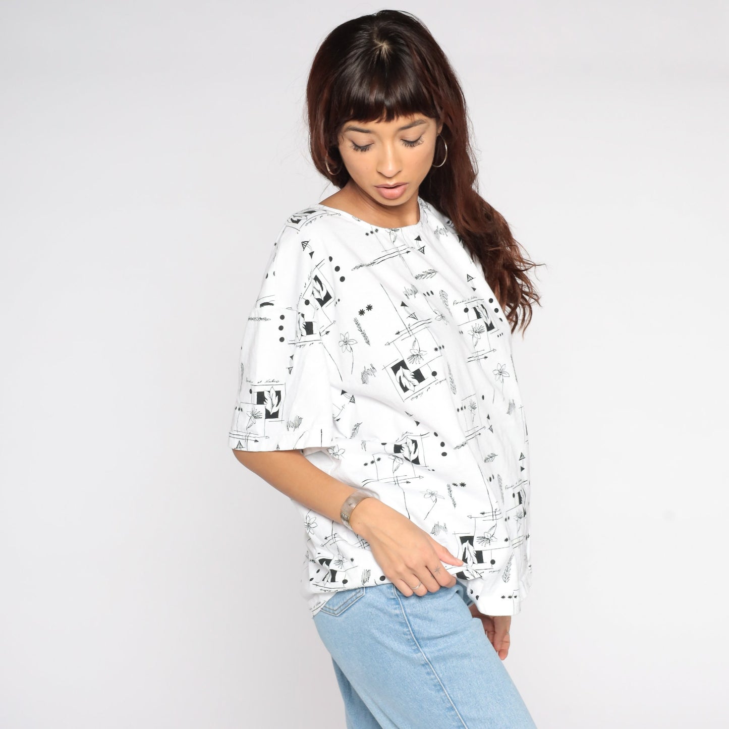 90s Floral Graphic T-Shirt White Black Flower Print Cotton Extra Large XXL