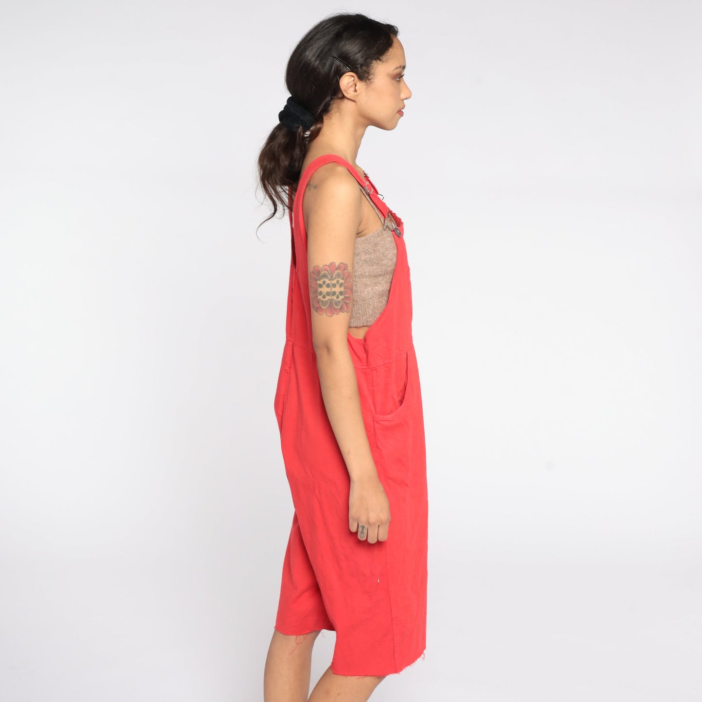 90s Red Cotton Overall Shorts Frayed Cutoff Bib Dungarees Large