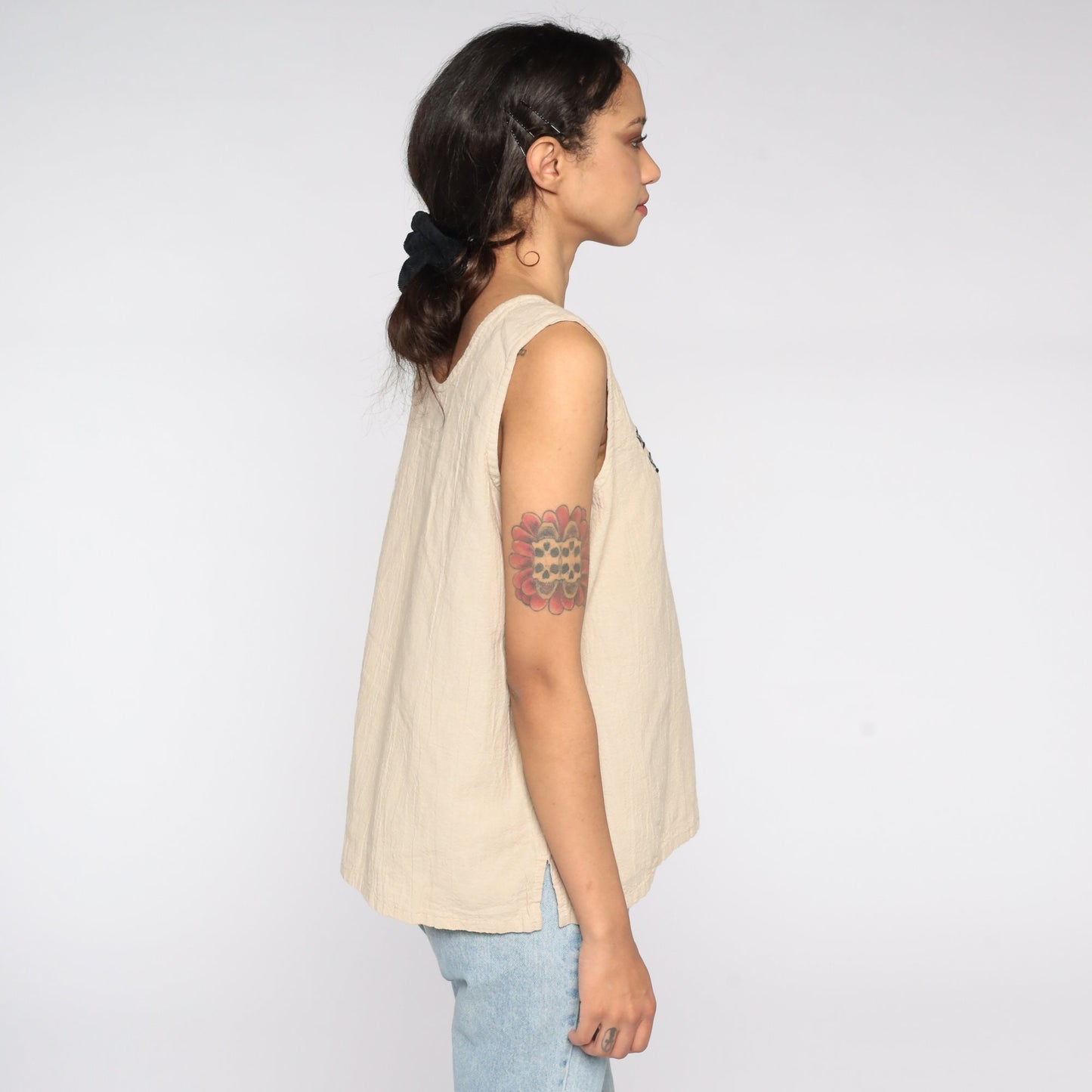 90s Geometric Tank Top Tan Striped Diamond Print Sleeveless Medium