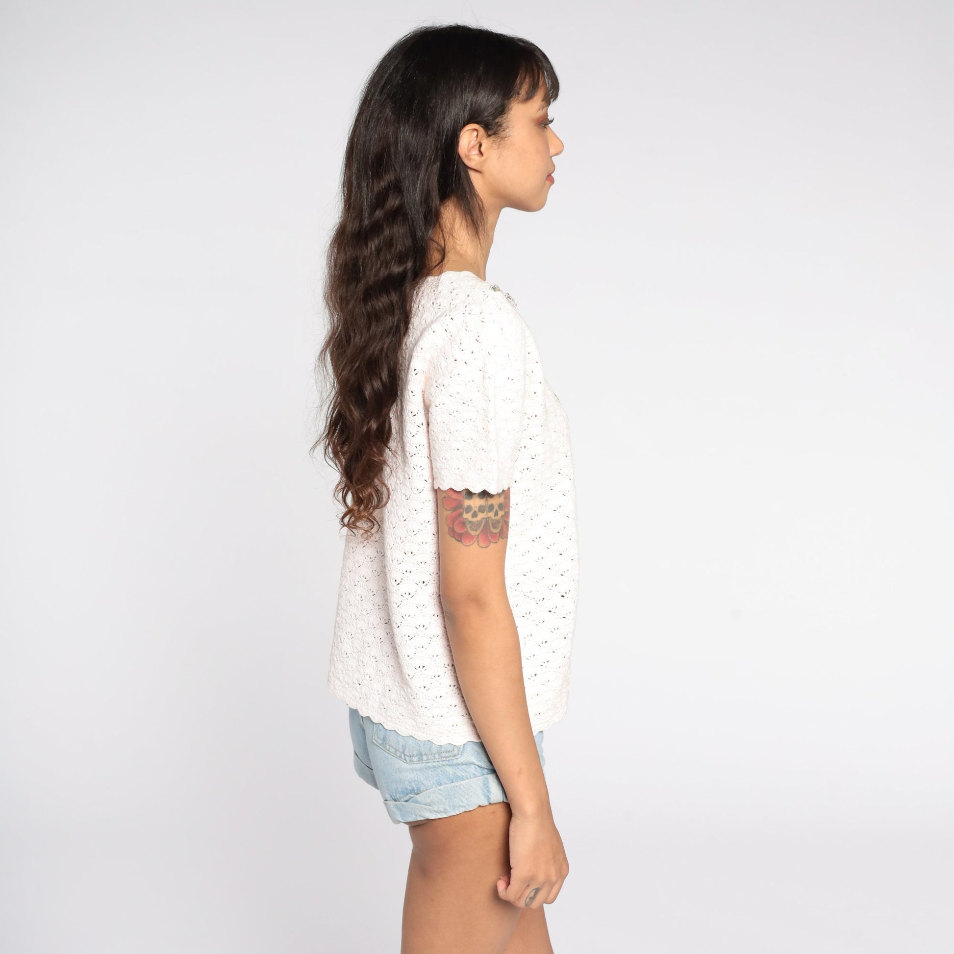 90s White Crochet Blouse Floral Embroidery Button-Up Short Sleeve Medium Large