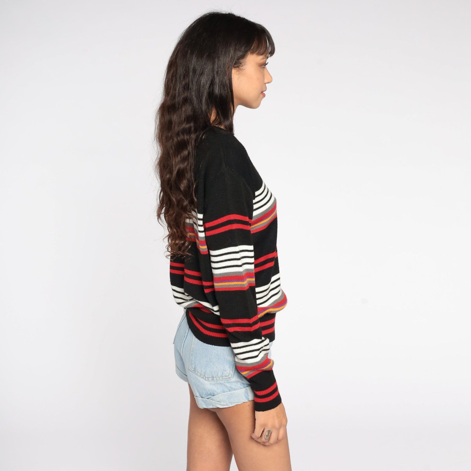 80s Black Striped Knit Sweater Crewneck Pullover Large