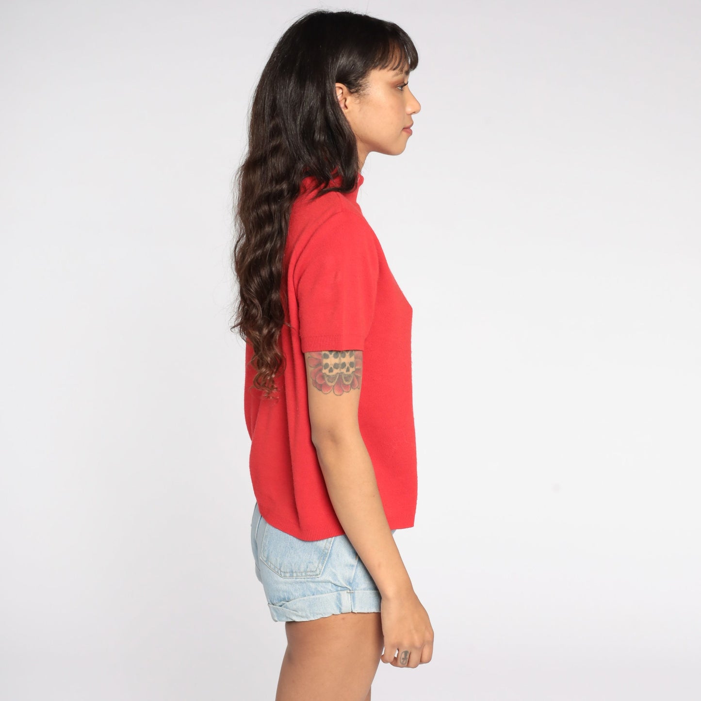 80s Red Mock Neck Knit Top Short Sleeve Vintage Sweater Medium
