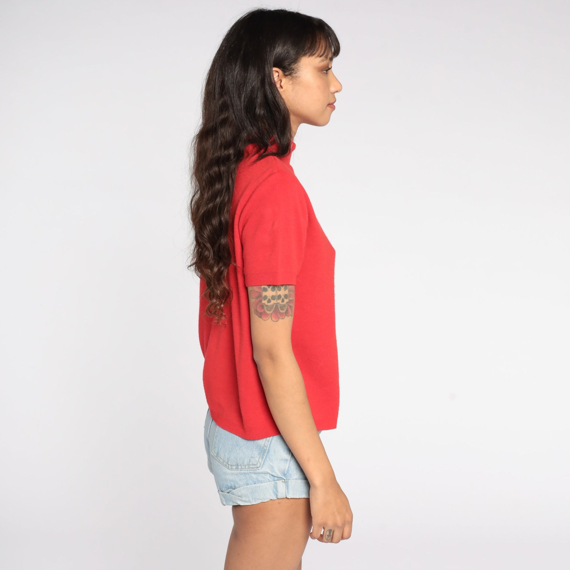 80s Red Mock Neck Knit Top Short Sleeve Vintage Sweater Medium