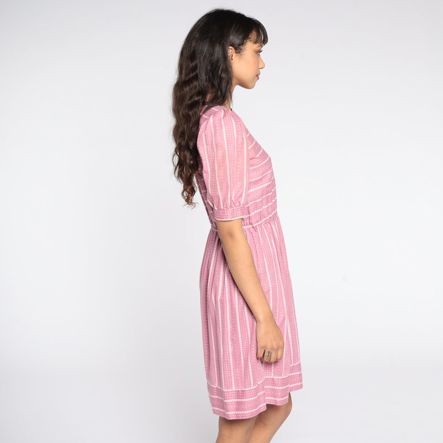 80s Pink Striped Puff Sleeve Dress High Waist Knee Length Extra Small