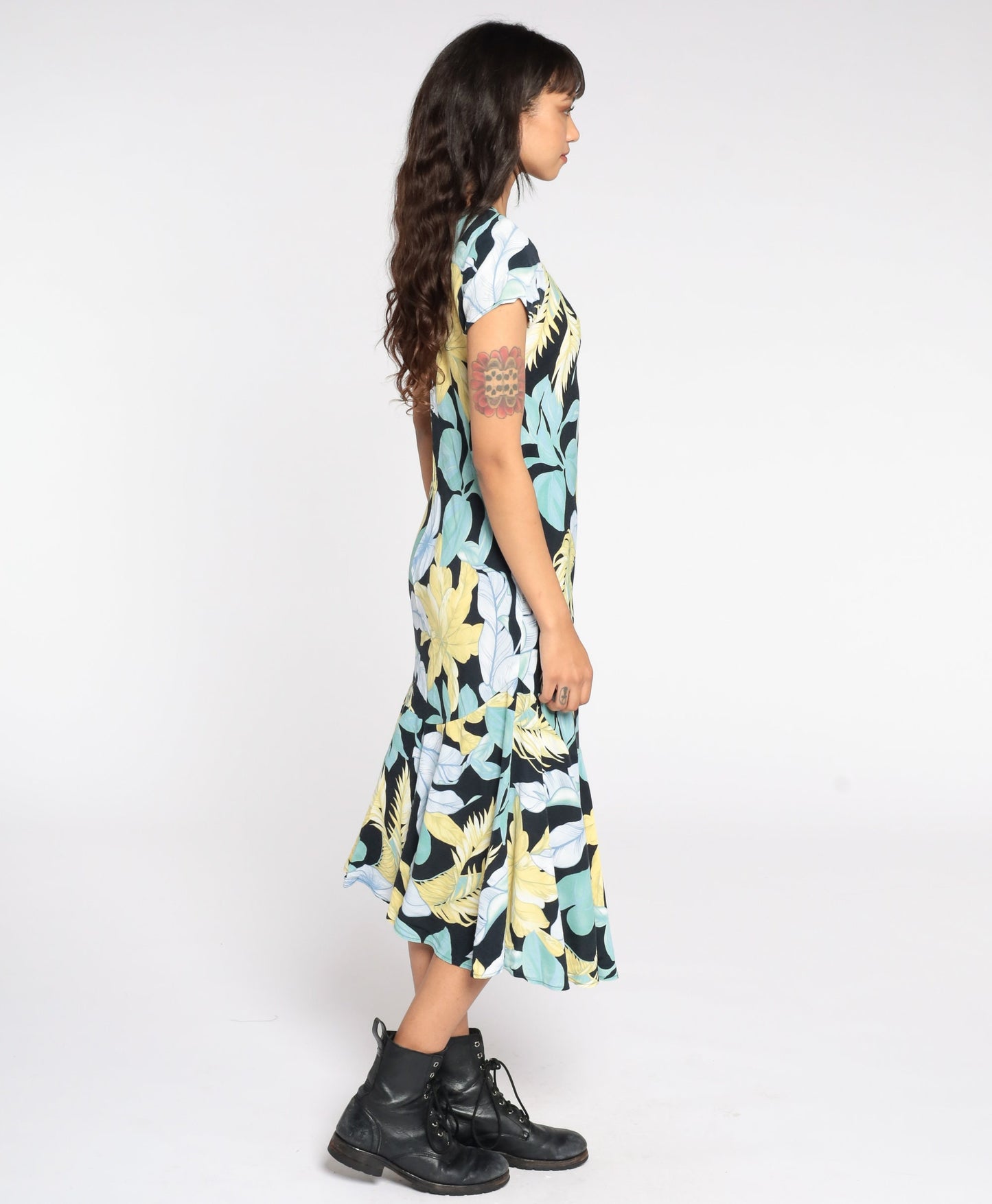 90s Tropical Leaf Print Shift Dress Black Blue Green Midi Small S