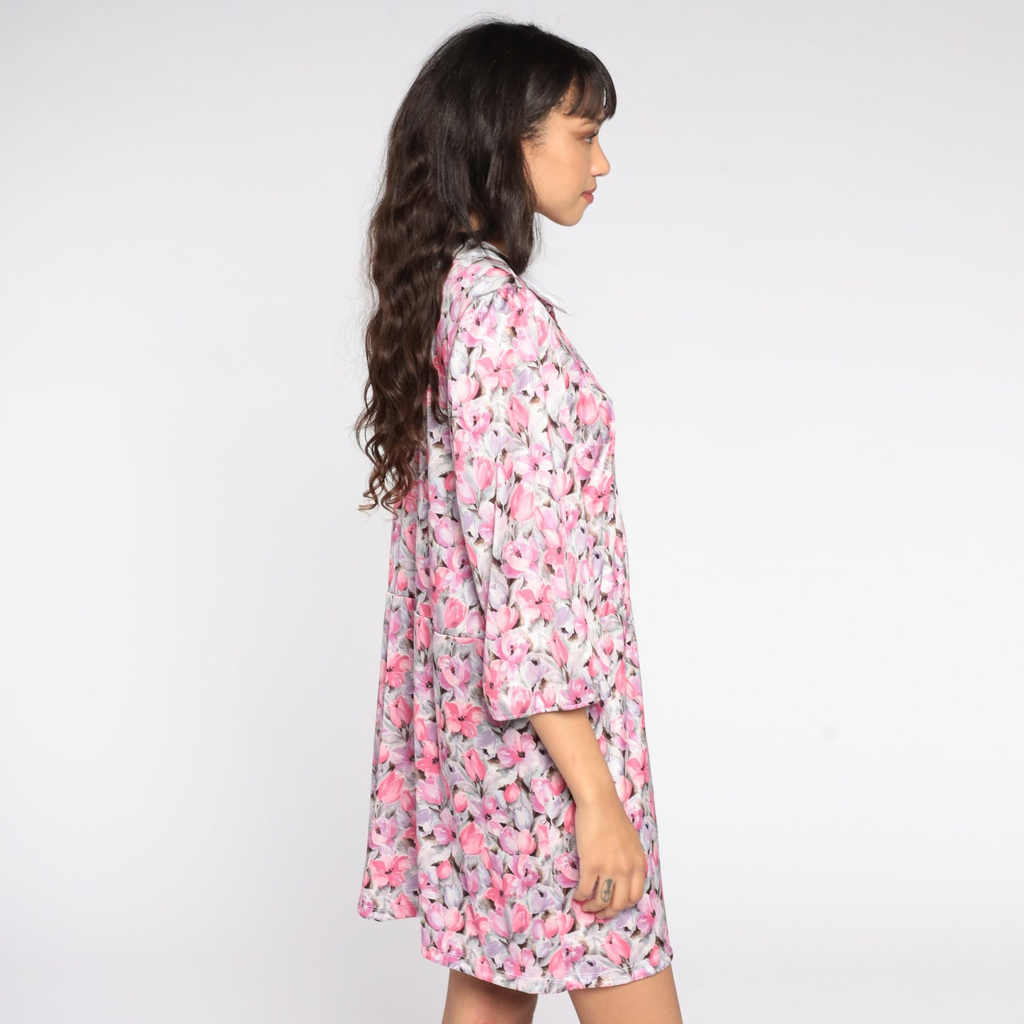 80s Pink Floral Mini Dress Peter Pan Collar Puff Sleeve Button Front Medium Large
