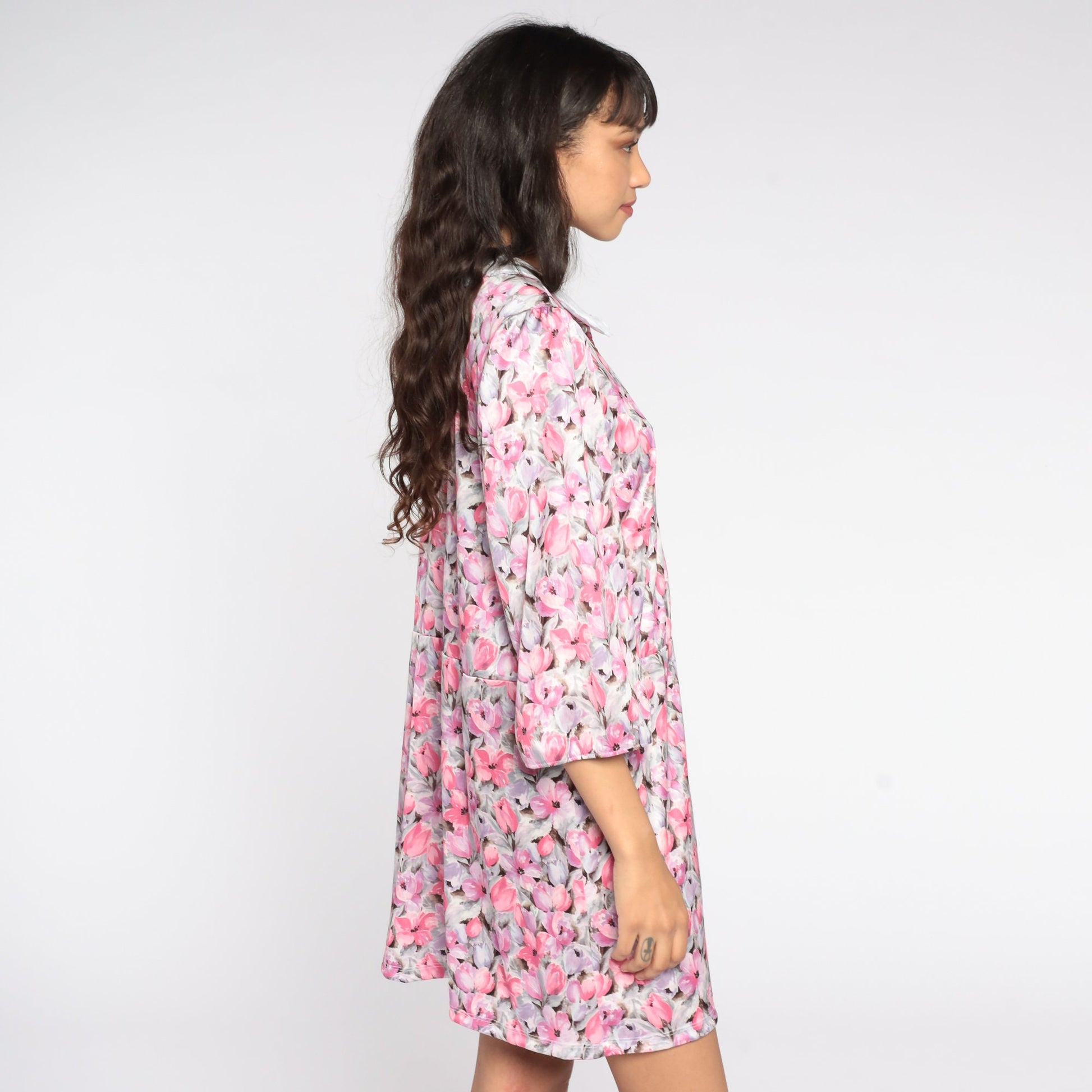 80s Pink Floral Mini Dress Peter Pan Collar Puff Sleeve Button Front Medium Large