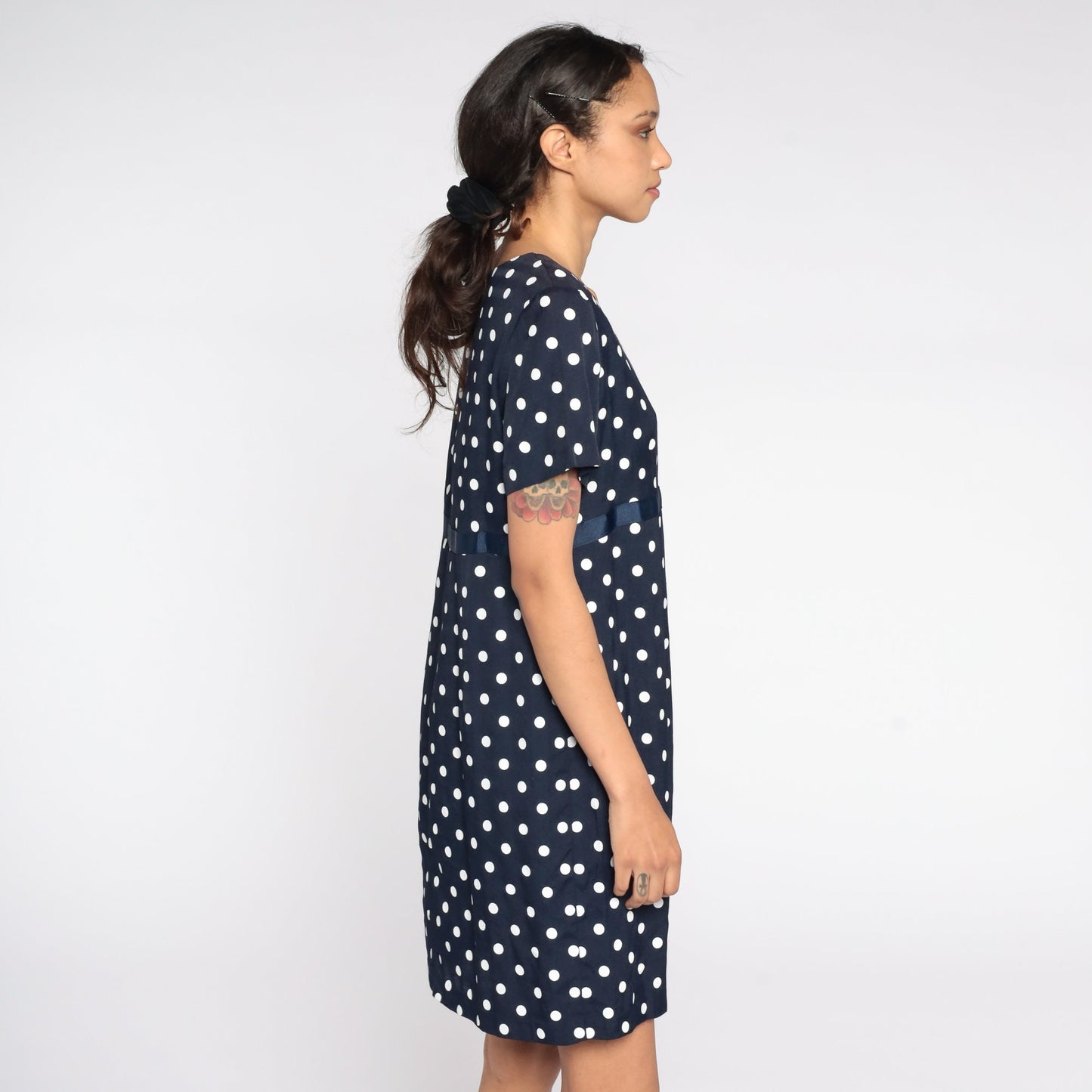 90s Navy Polka Dot Maternity Shift Dress White Mini Short Sleeve Medium