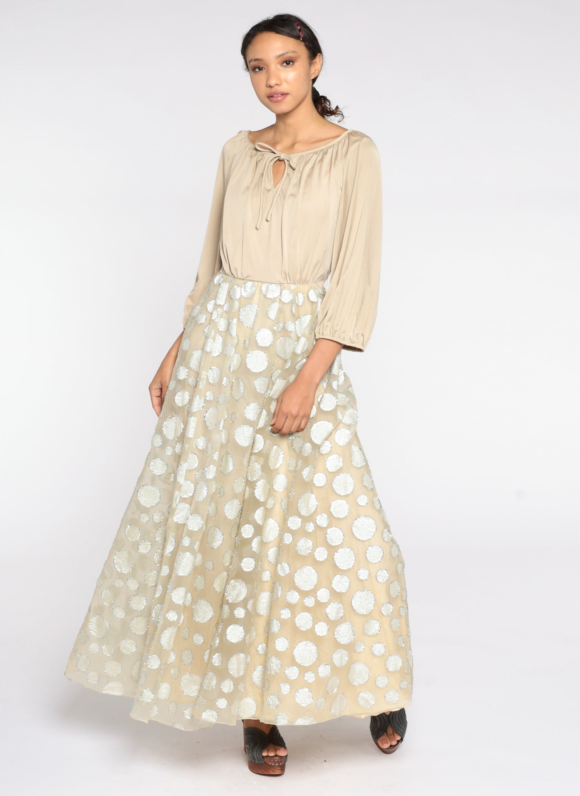 70s Beige Maxi Dress Silver Metallic Circle Skirt Long Sleeve High Waist Small