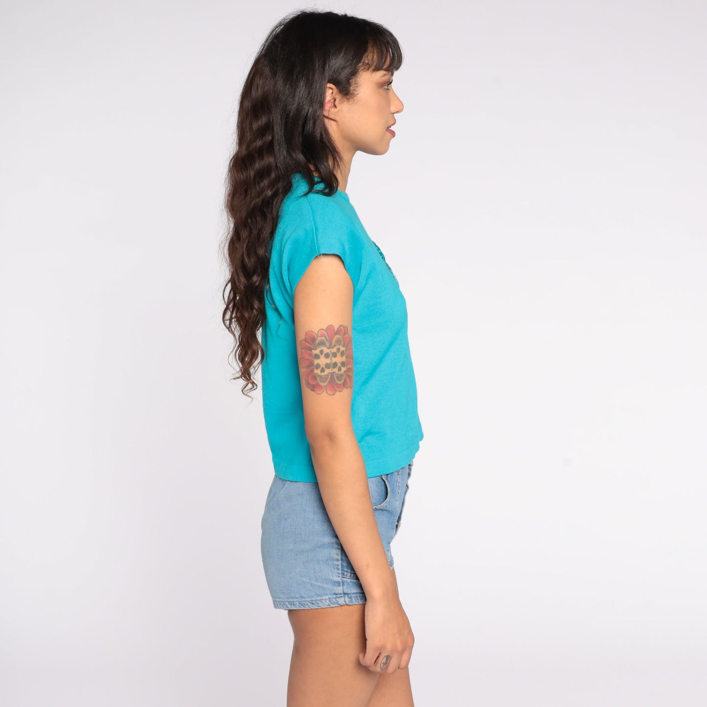 1960s Turquoise Knit Sweater Top Floral Appliqué Cap Sleeve Small