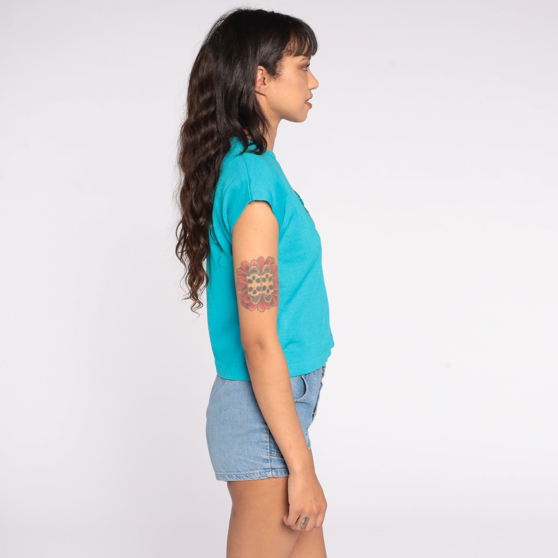 1960s Turquoise Knit Sweater Top Floral Appliqué Cap Sleeve Small