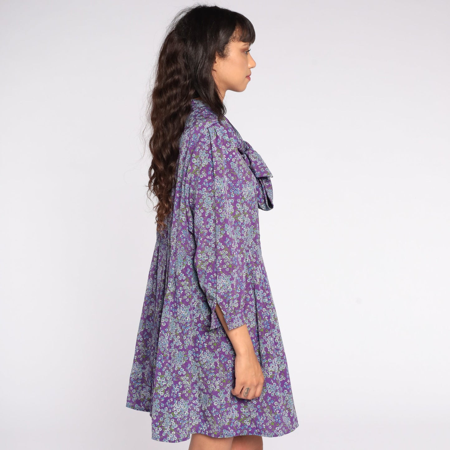 80s Purple Floral Button-Up Mini Dress Ascot Bow Shirtdress High Waist Large