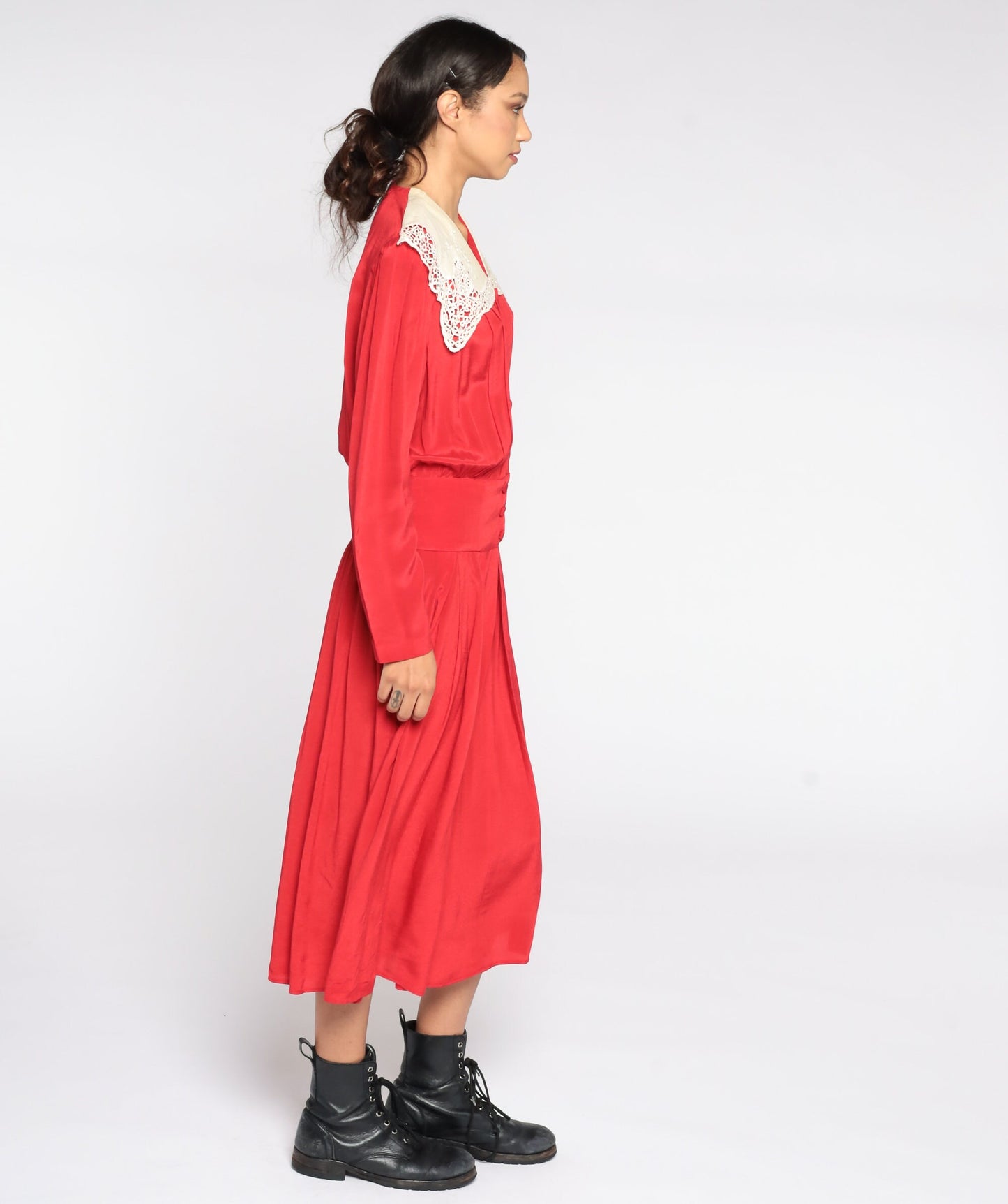 80s Red Midi Dress Lace Collar Button-Up Long Sleeve Small