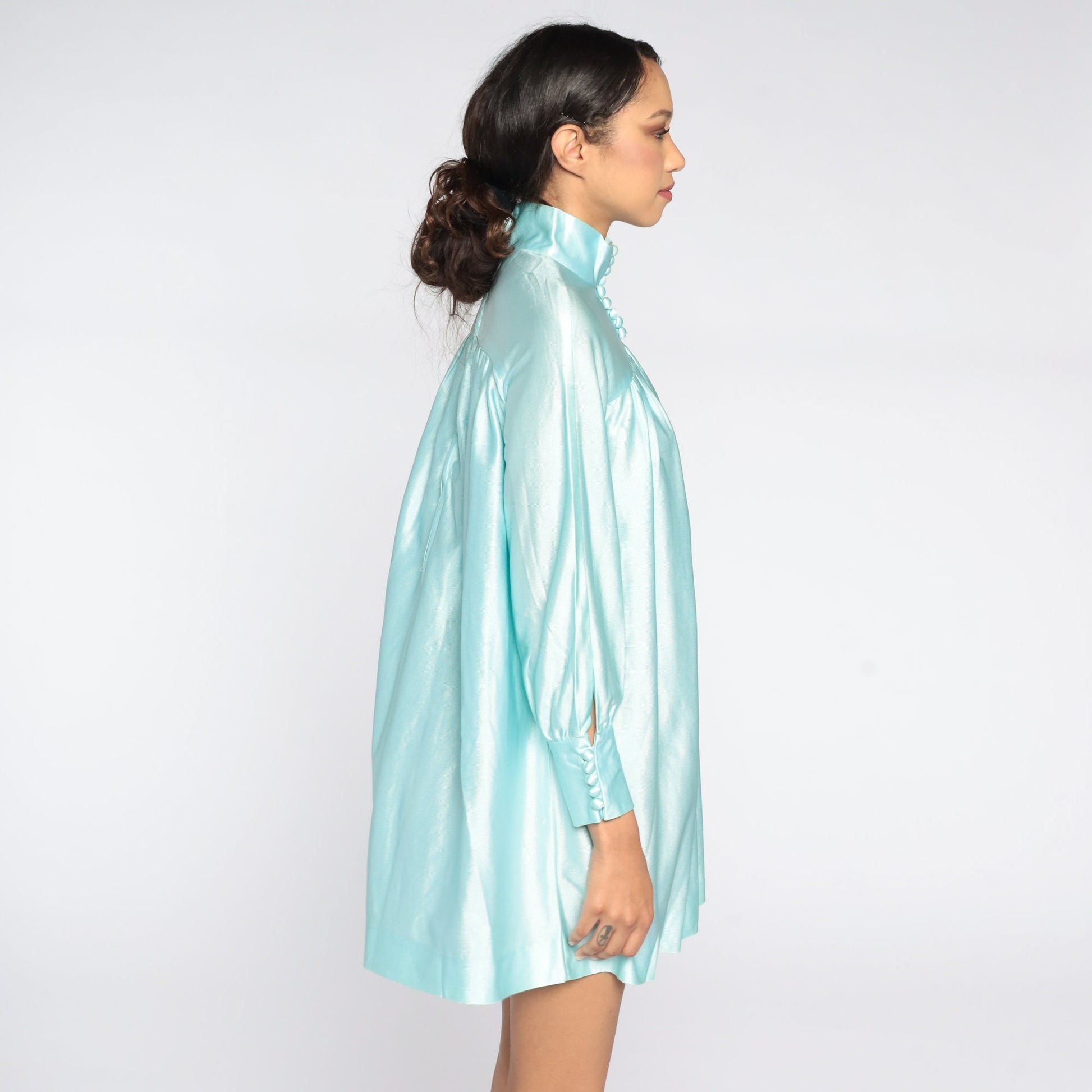 70s Blue Mock Neck Mini Dress Button-Up Tent Trapeze Cut Medium