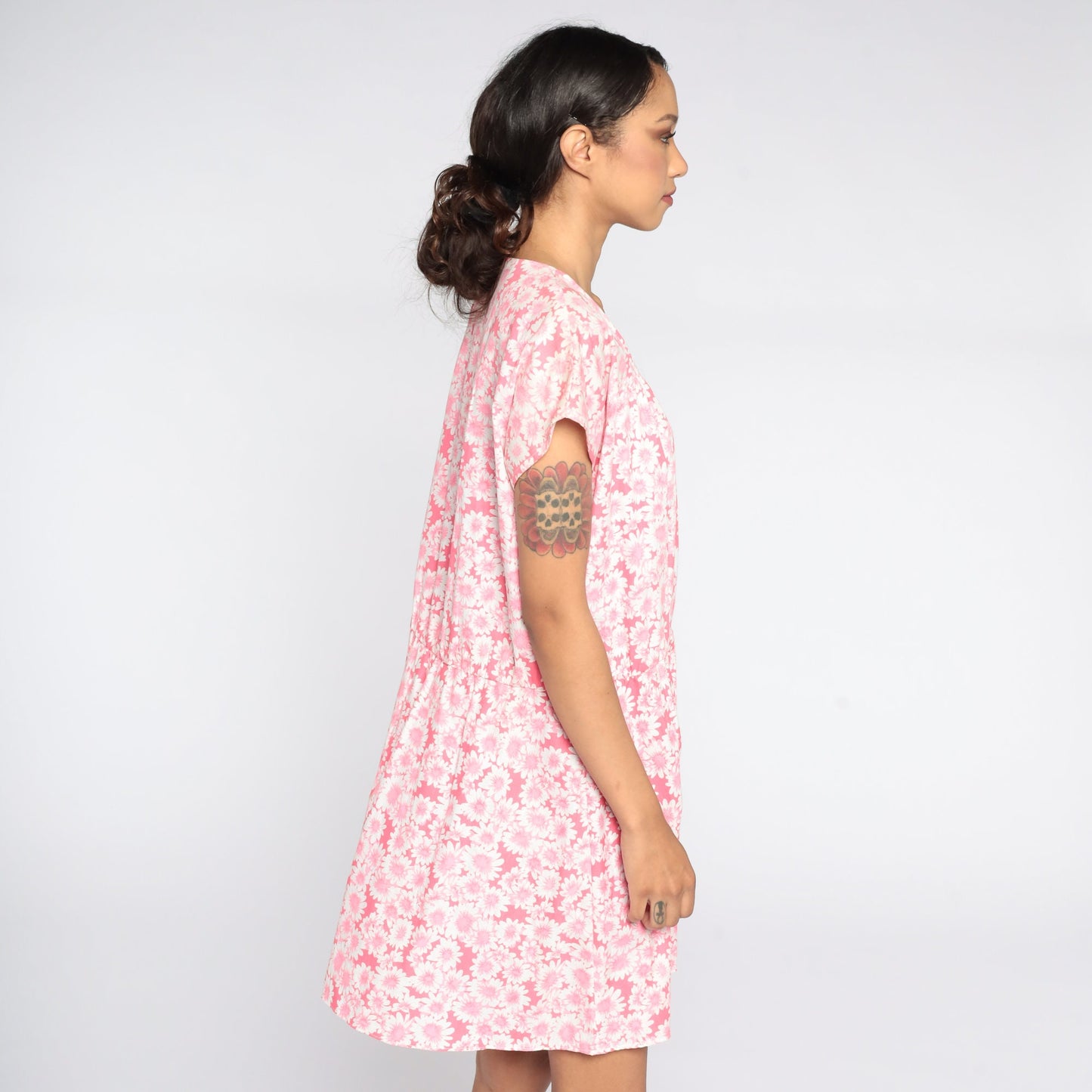 80s Pink Floral Mini Dress High Waist Square Neckline Cap Sleeve Extra Large