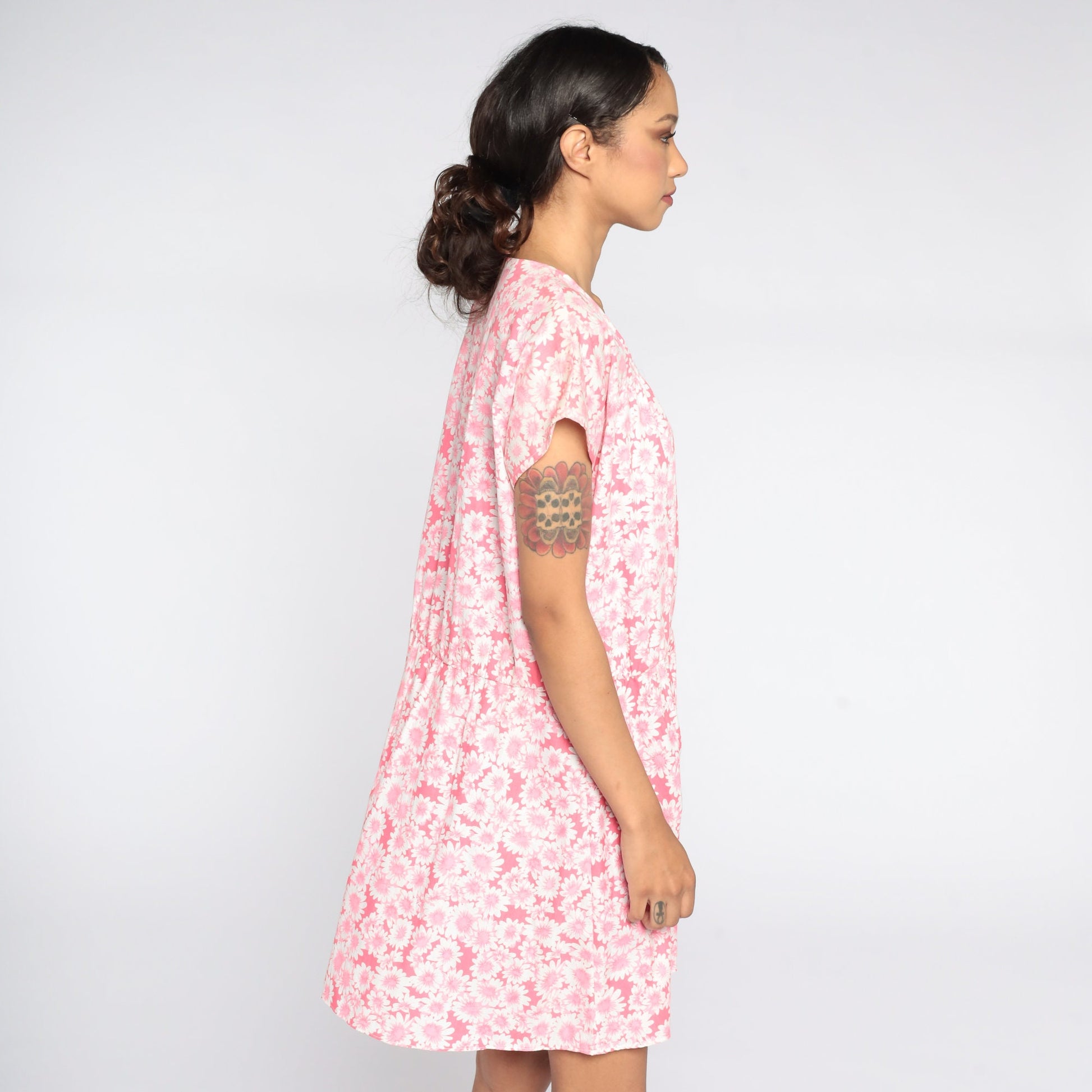 80s Pink Floral Mini Dress High Waist Square Neckline Cap Sleeve Extra Large