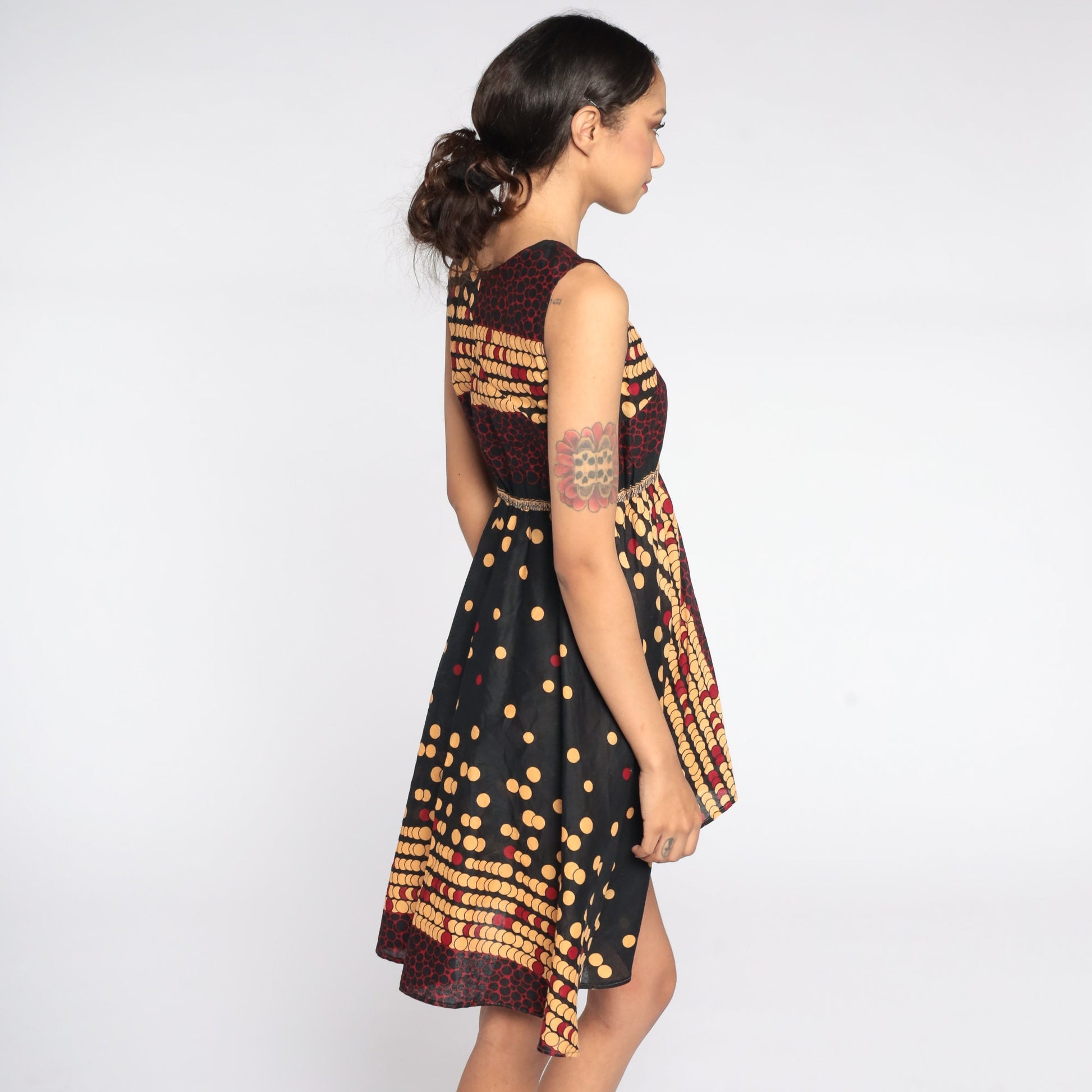 00s Geometric Print Mini Dress Empire Waist Sleeveless Black Tan Red Extra Small