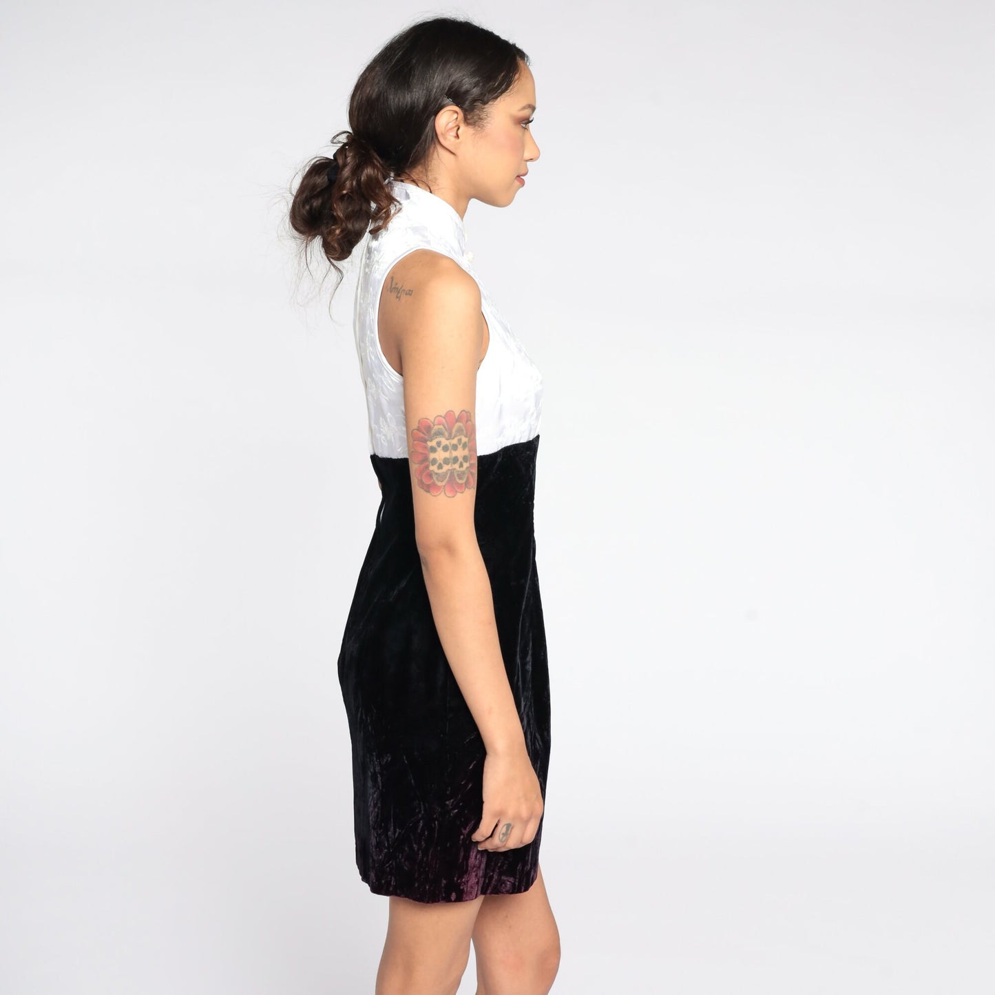 90s Zum Zum Black Velvet Mini Dress White Embroidered Bodice Small