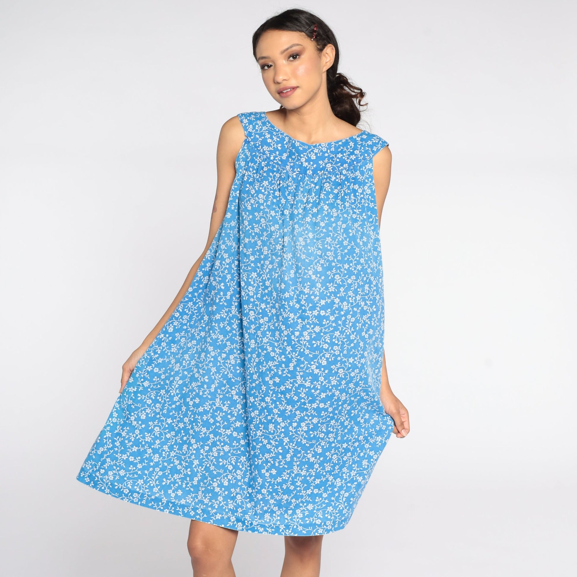 80s Blue Floral Trapeze Dress Sleeveless Knee-Length Large
