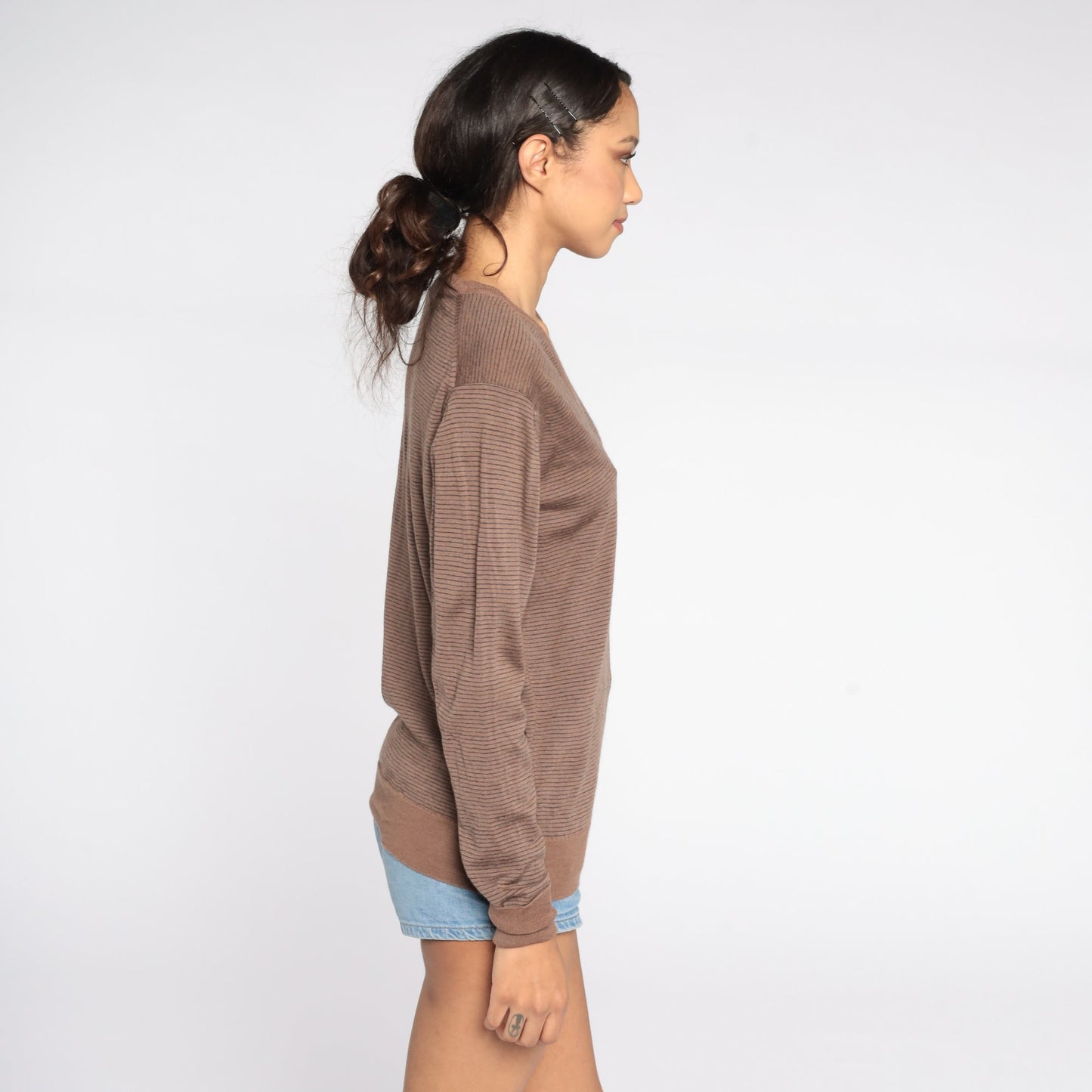 80s Brown Striped Wool V-Neck Sweater Pullover Medium
