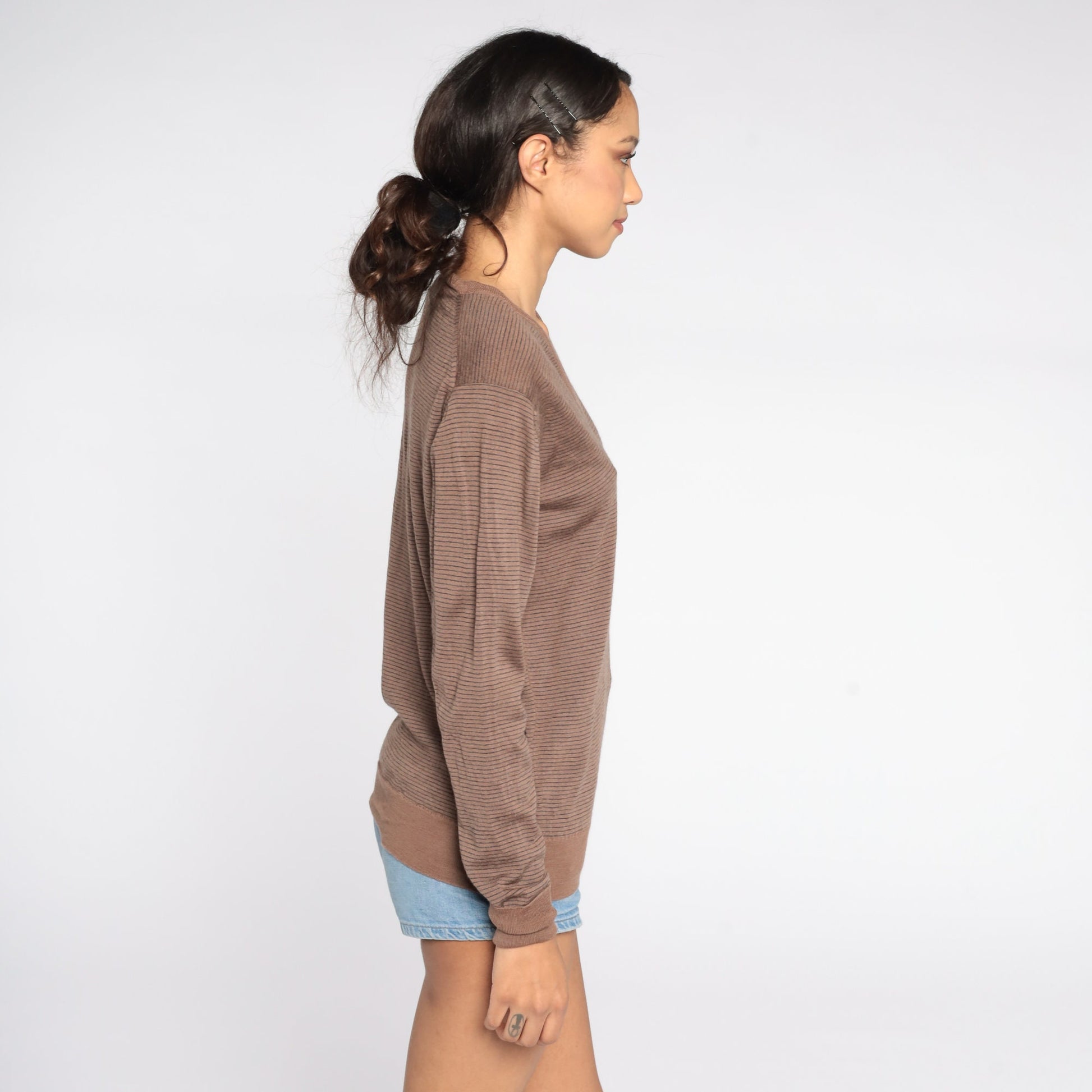 80s Brown Striped Wool V-Neck Sweater Pullover Medium