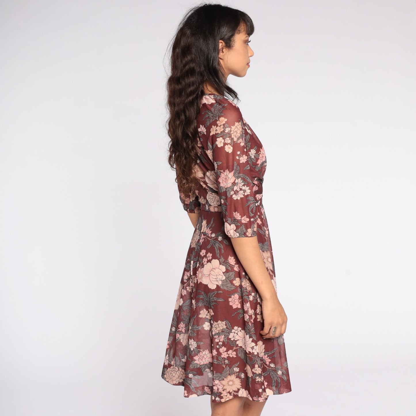 70s Floral Midi Dress Brown Pink High Waist 3/4 Sleeve Keyhole Extra Small