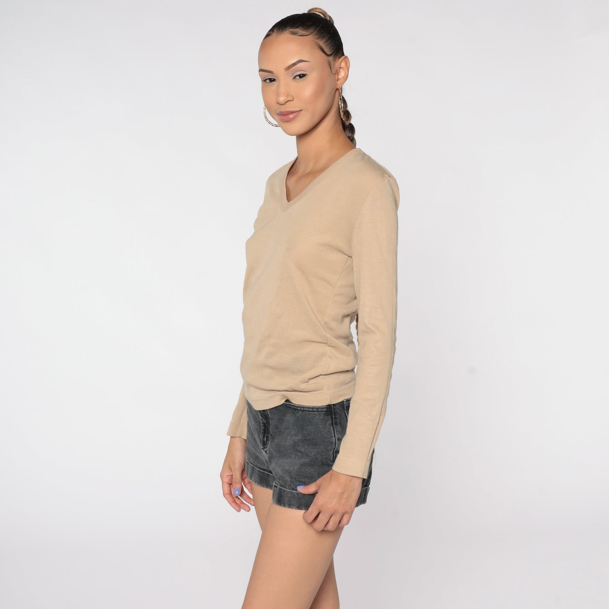 80s Tan Knit V-Neck Long Sleeve Shirt Medium