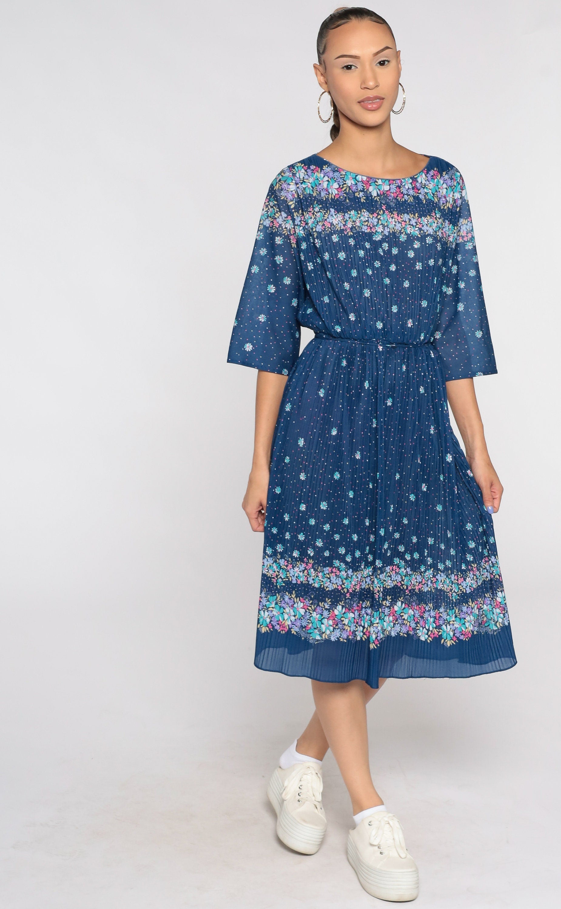 70s Floral Midi Dress Blue High Waist Knife Pleated 3/4 Sleeve Large L