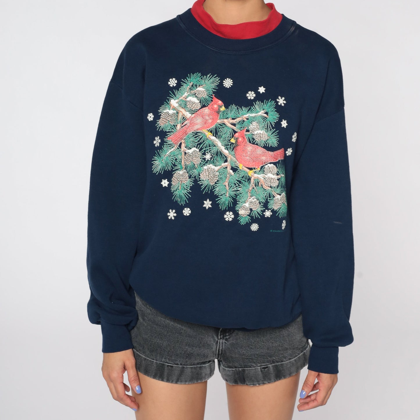 80s Cardinal Bird Graphic Sweatshirt Dark Blue Winter Pullover Large L