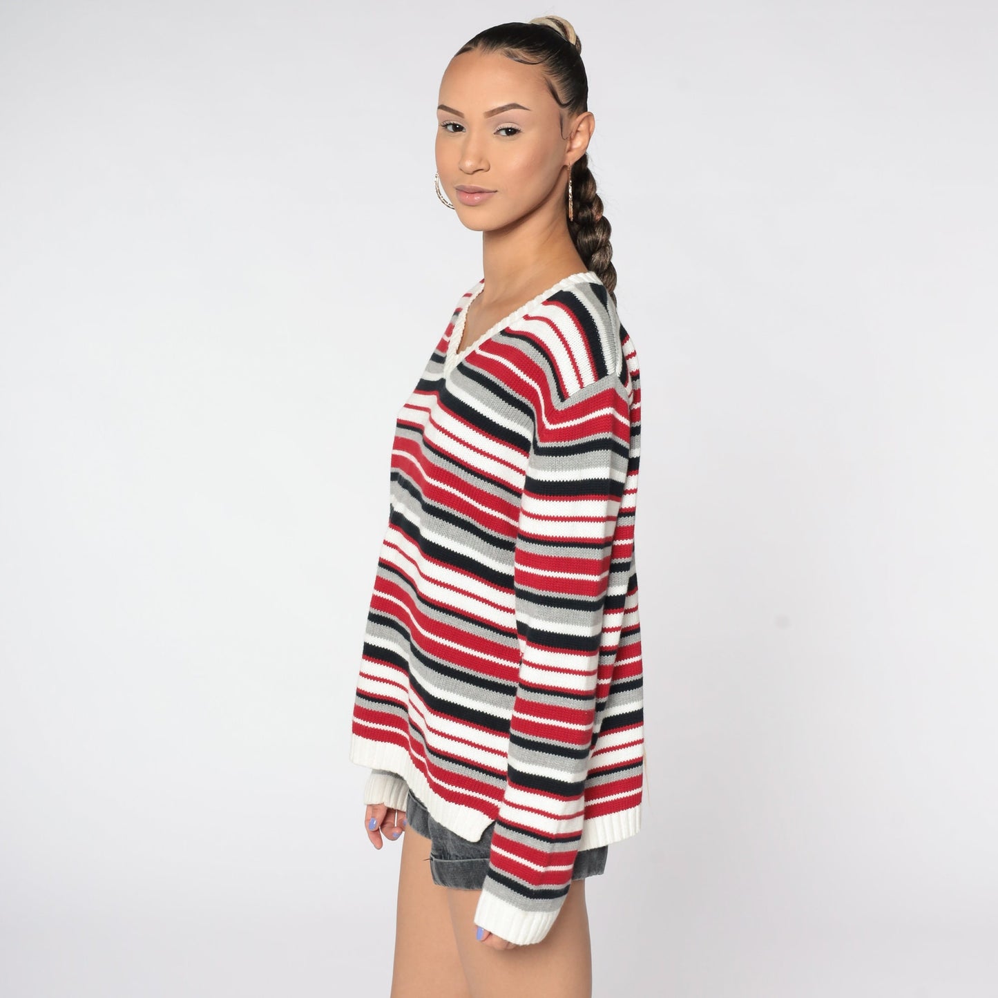 90s Red White Striped Cotton Knit V-Neck Pullover Sweater Men's Large L