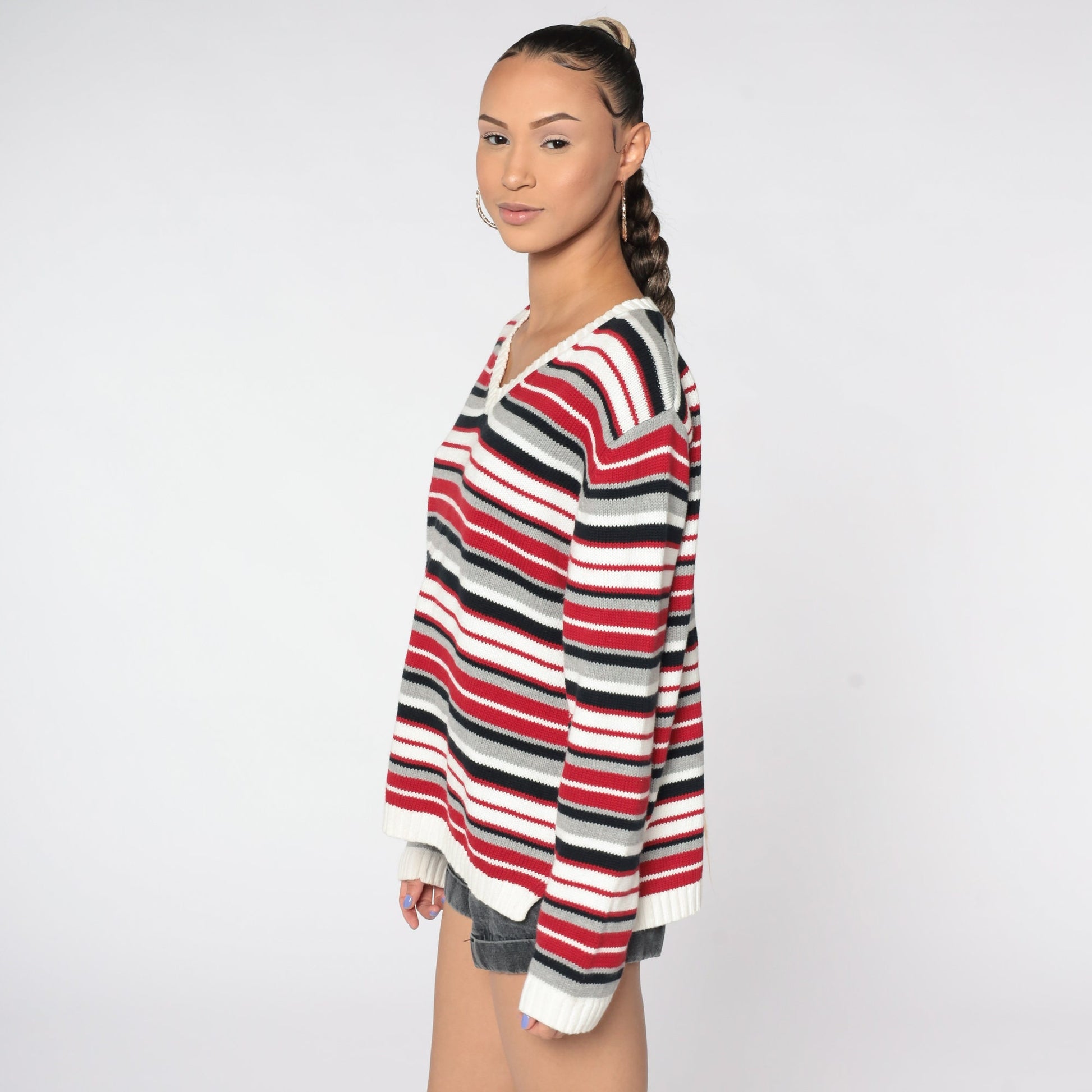 90s Red White Striped Cotton Knit V-Neck Pullover Sweater Men's Large L
