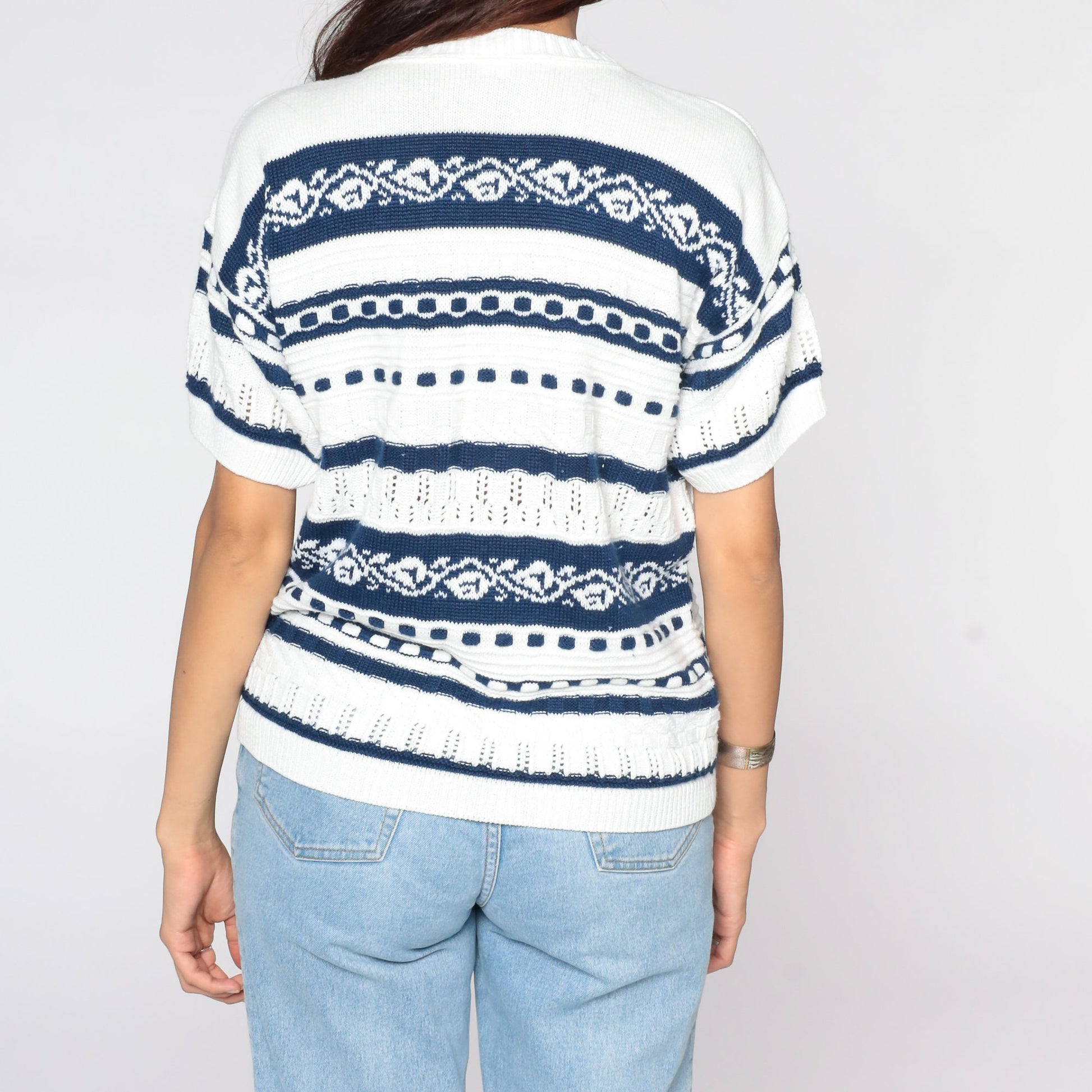 80s Knit Sweater Top White Striped Leaf Design Short Sleeve Large L