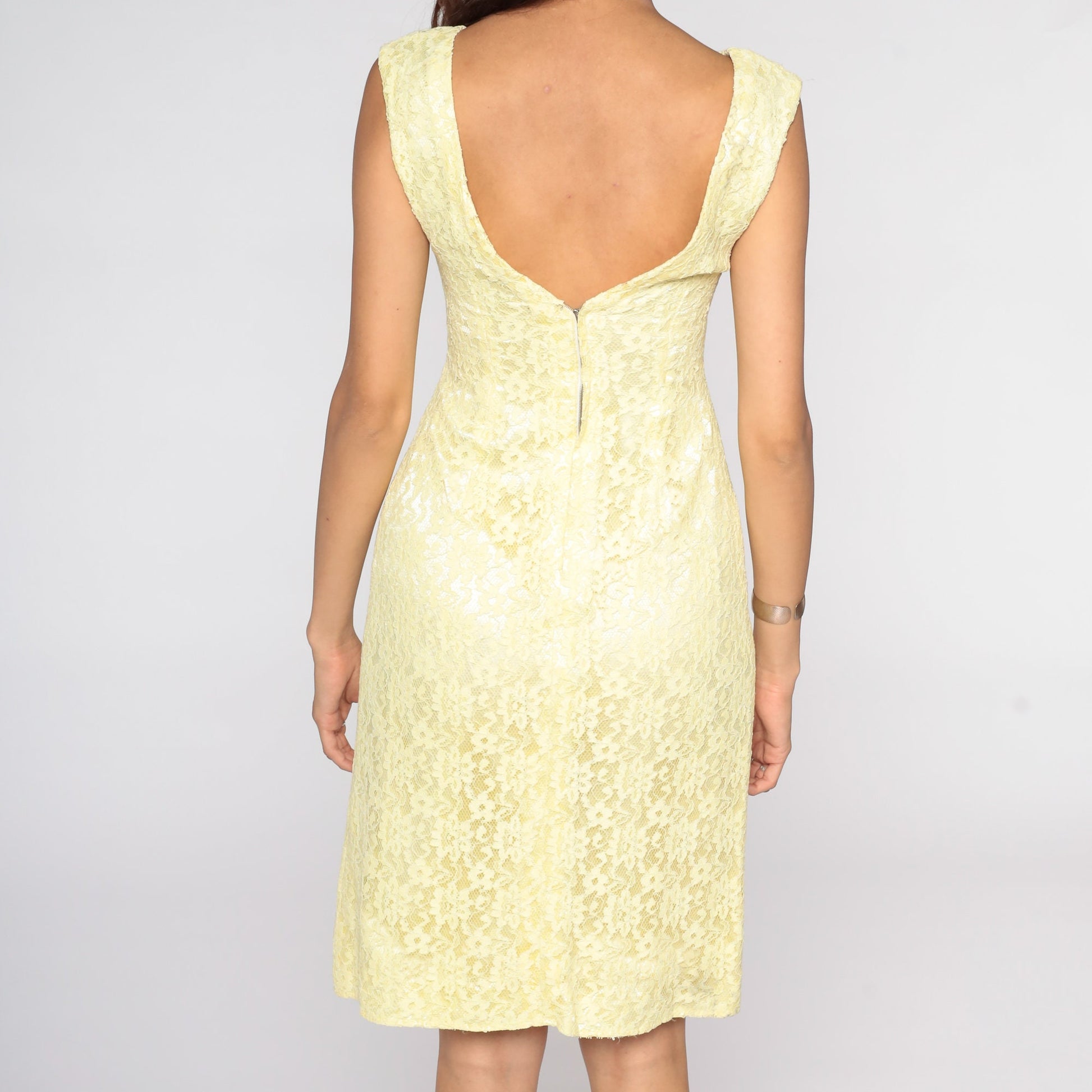 60s Yellow Lace Shift Cocktail Dress Mini Sleeveless Extra Small