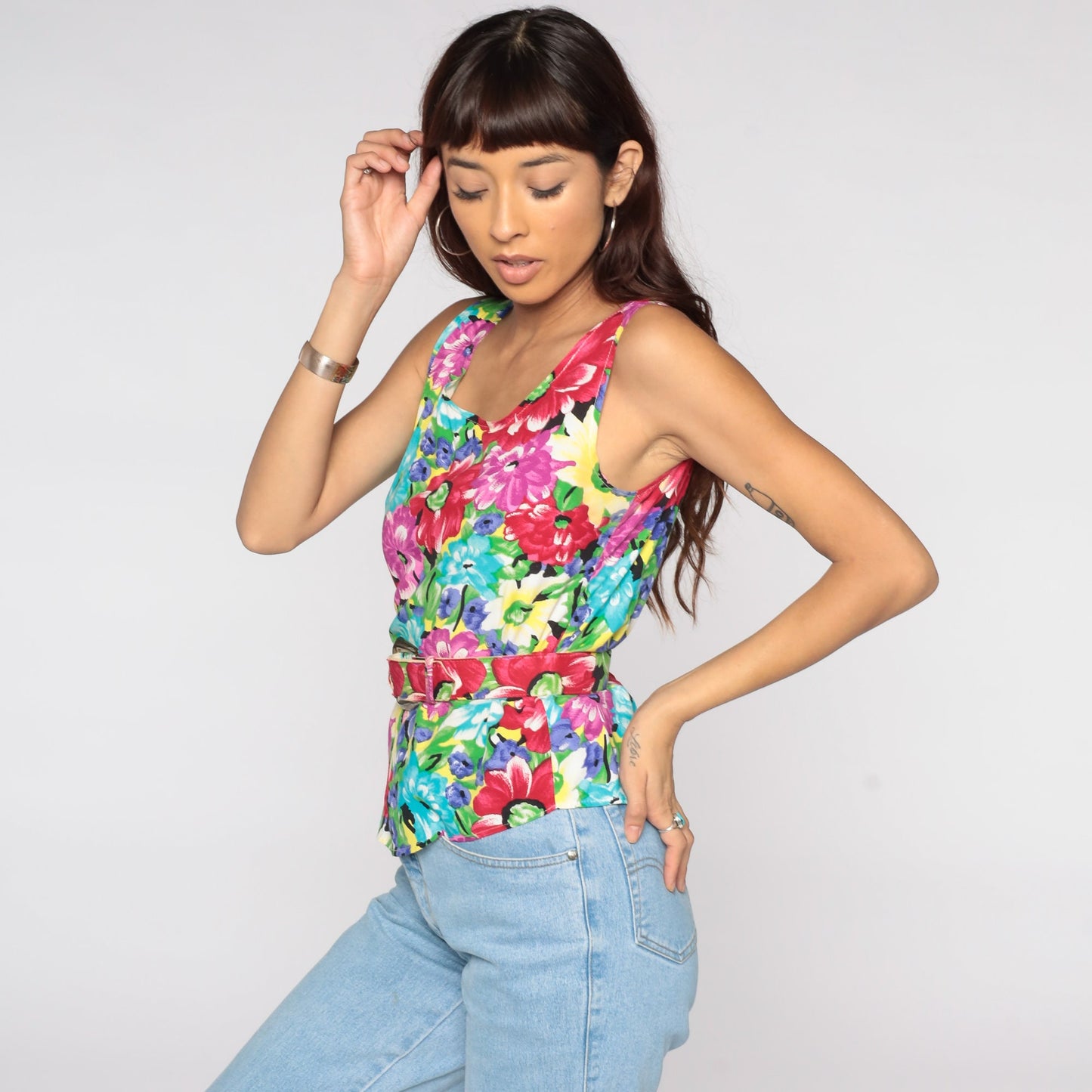 90s Floral Tank Top Sleeveless Blouse Belted Rayon Tropical Extra Small