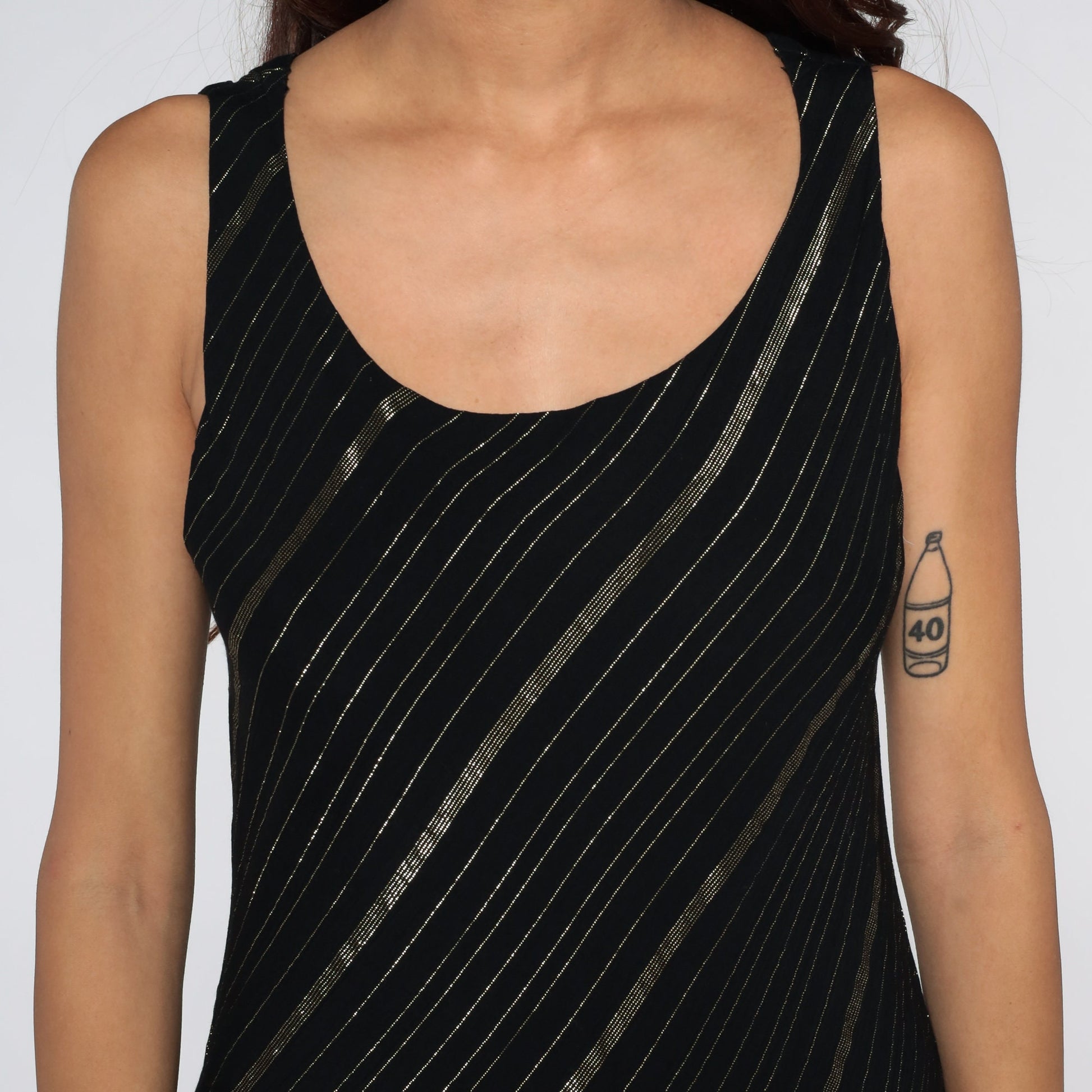 90s Black Maxi Dress Gold Metallic Stripe Sleeveless Column Medium