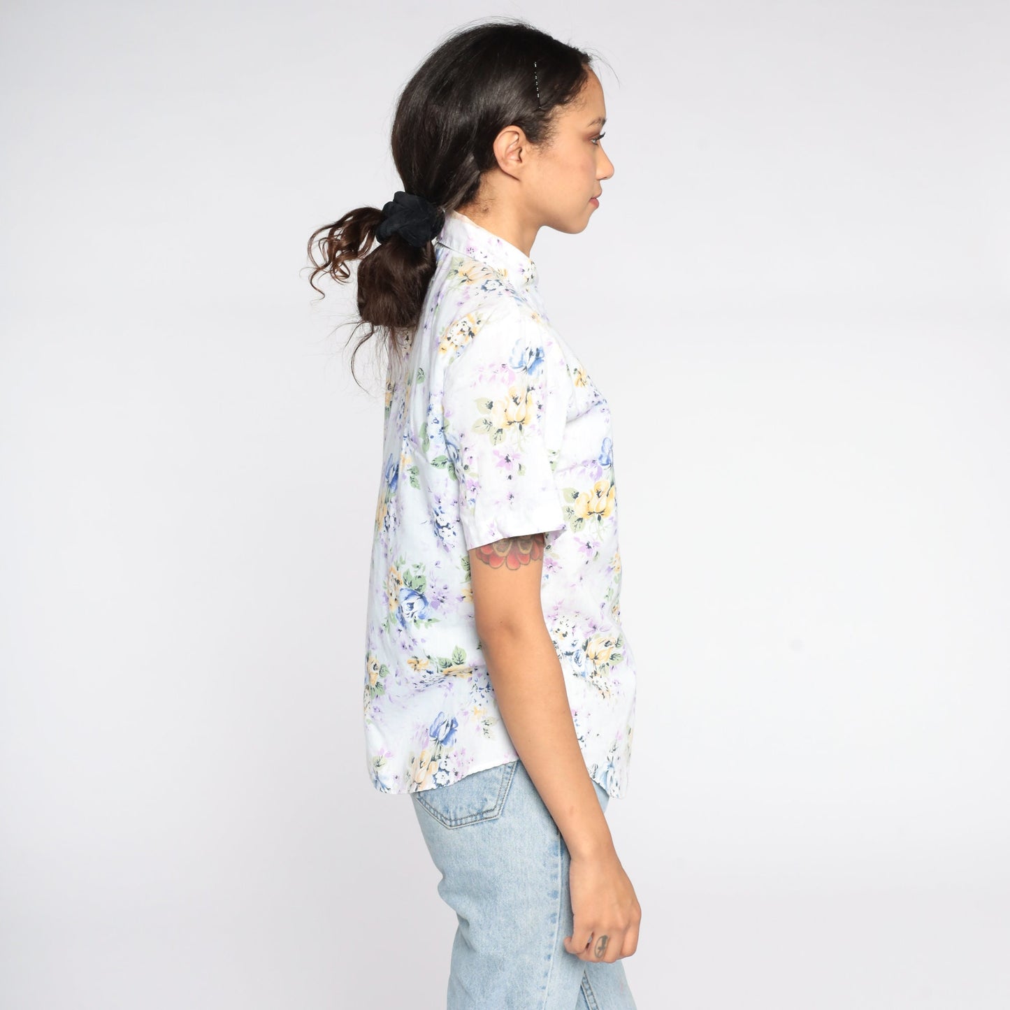 90s Blue Floral Button-Up Shirt Short Sleeve Cotton Blouse Small Petite