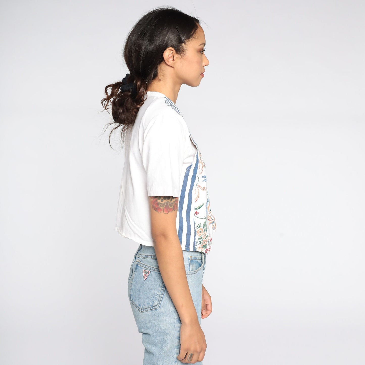 90s Floral T-Shirt White Graphic Tee Attached Vest Cotton Small Petite