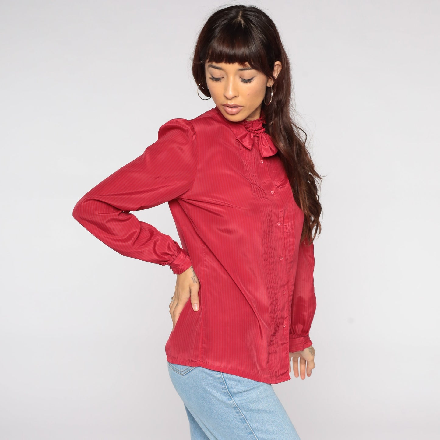 80s Red Pinstriped Necktie Blouse Puff Sleeve Button Up Medium