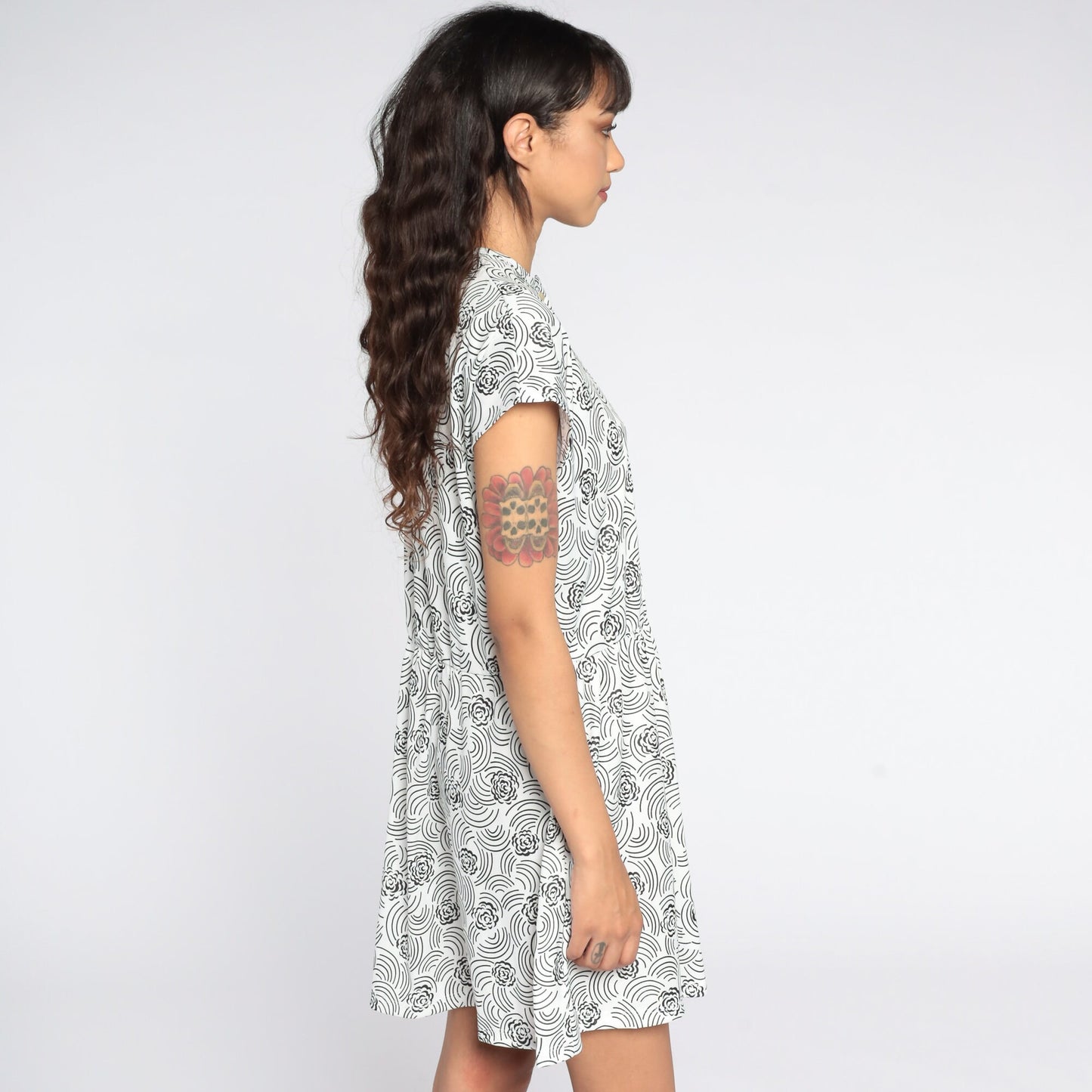 80s Floral Mini Dress Black White Cap Sleeve Button Front High Waisted Extra Large