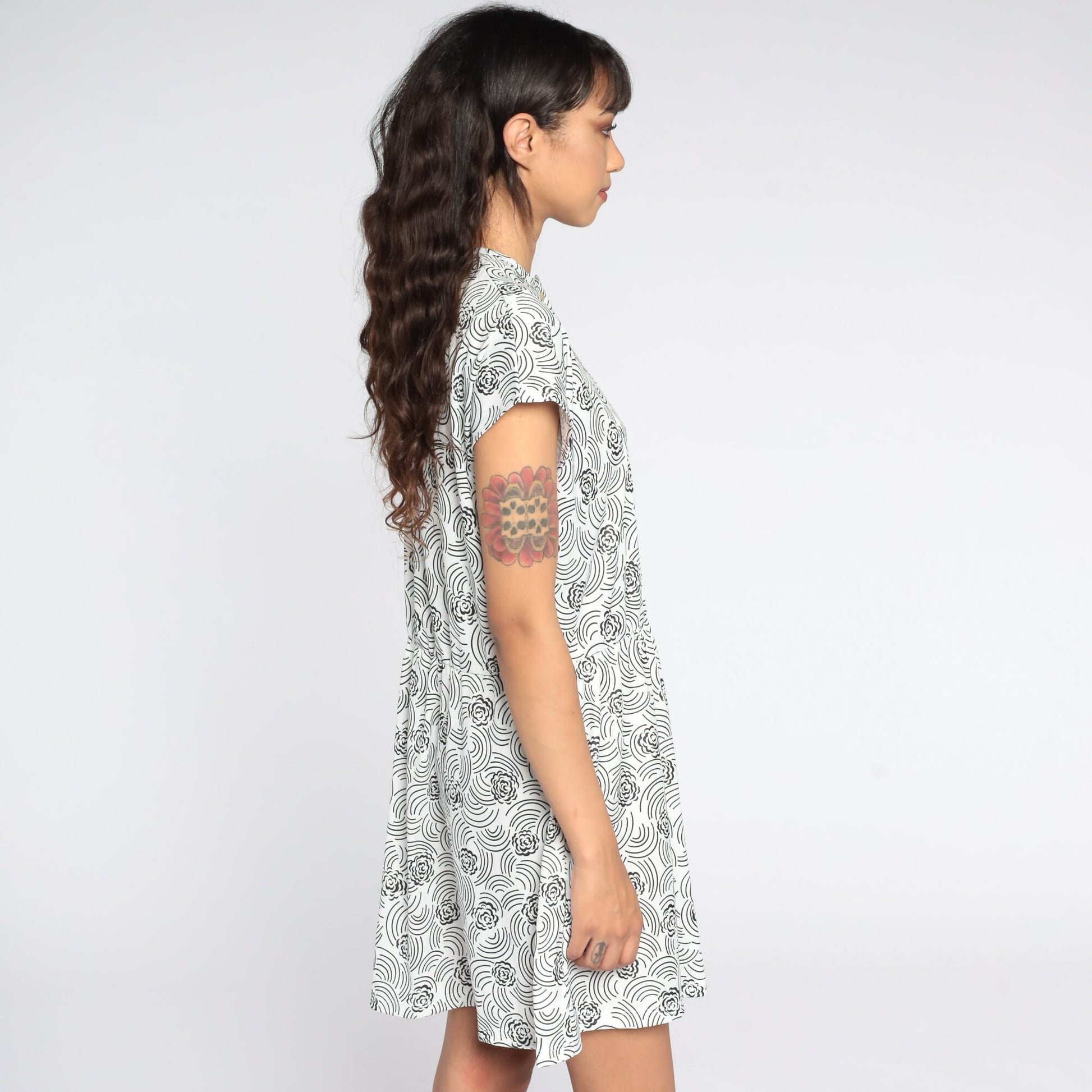 80s Floral Mini Dress Black White Cap Sleeve Button Front High Waisted Extra Large