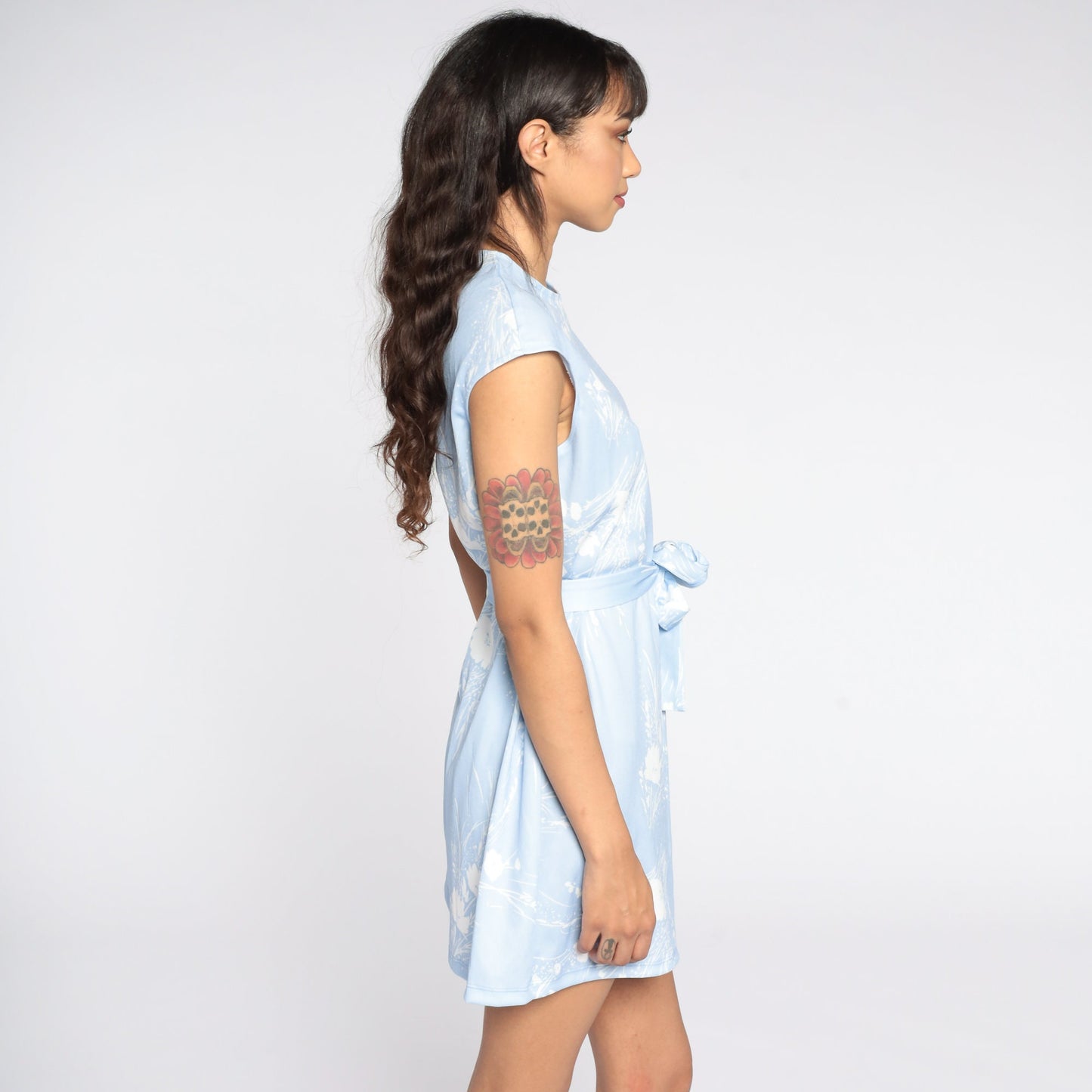 1970s Floral Mini Dress Baby Blue Shift Cap Sleeve Medium