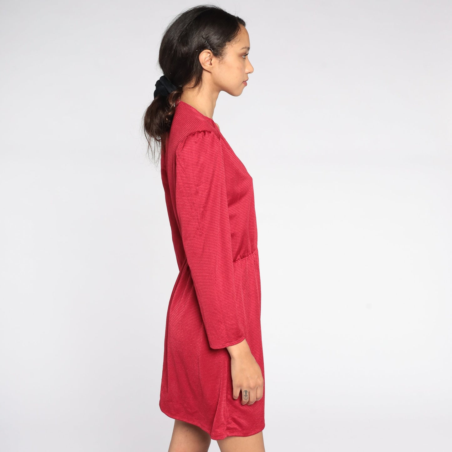 80s Cherry Red Striped Mini Dress Puff Sleeve V-Neck Elastic Waist Small