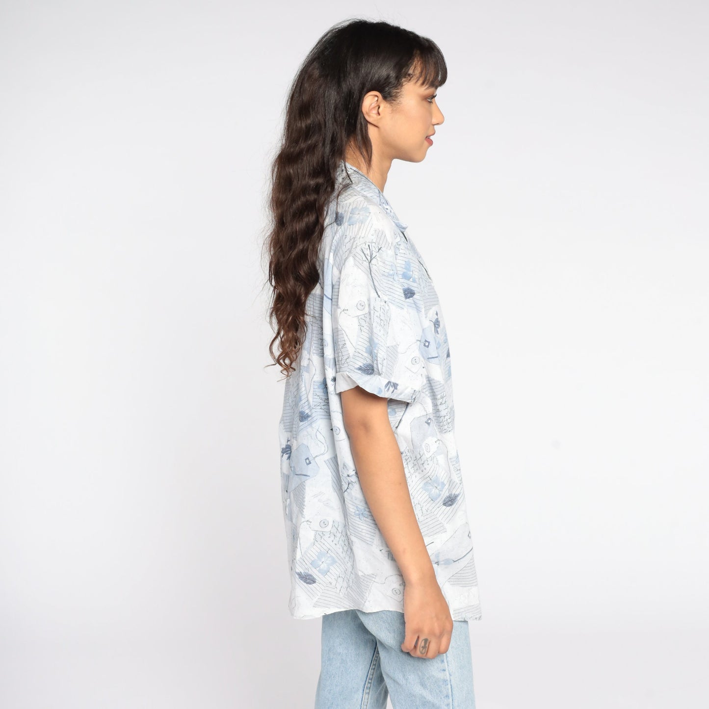 90s Floral Button Up Shirt Plus Size White Blue Short Sleeve Blouse XXL