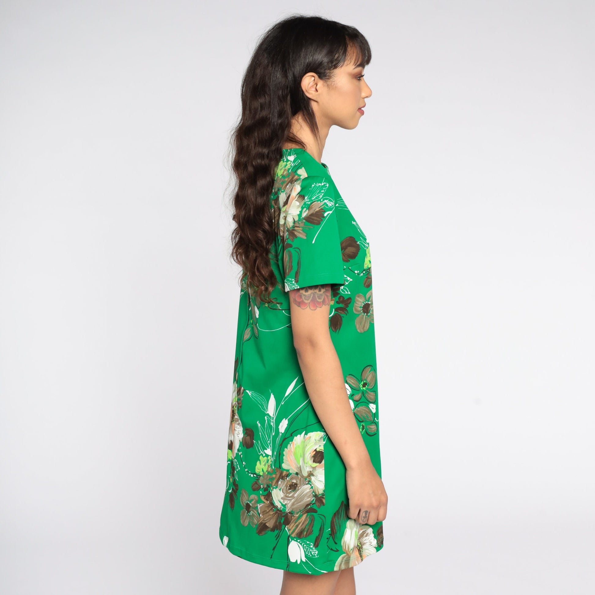 60s Mod Mini Shift Dress Green Floral Print Short Sleeve Medium Large