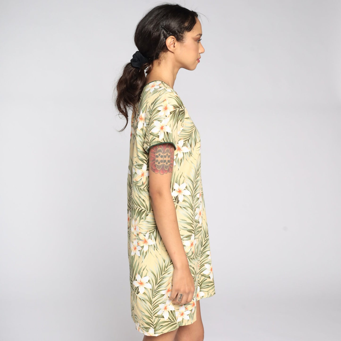 90s Tropical Floral Mini Dress Yellow Shift Cotton Short Sleeve Medium