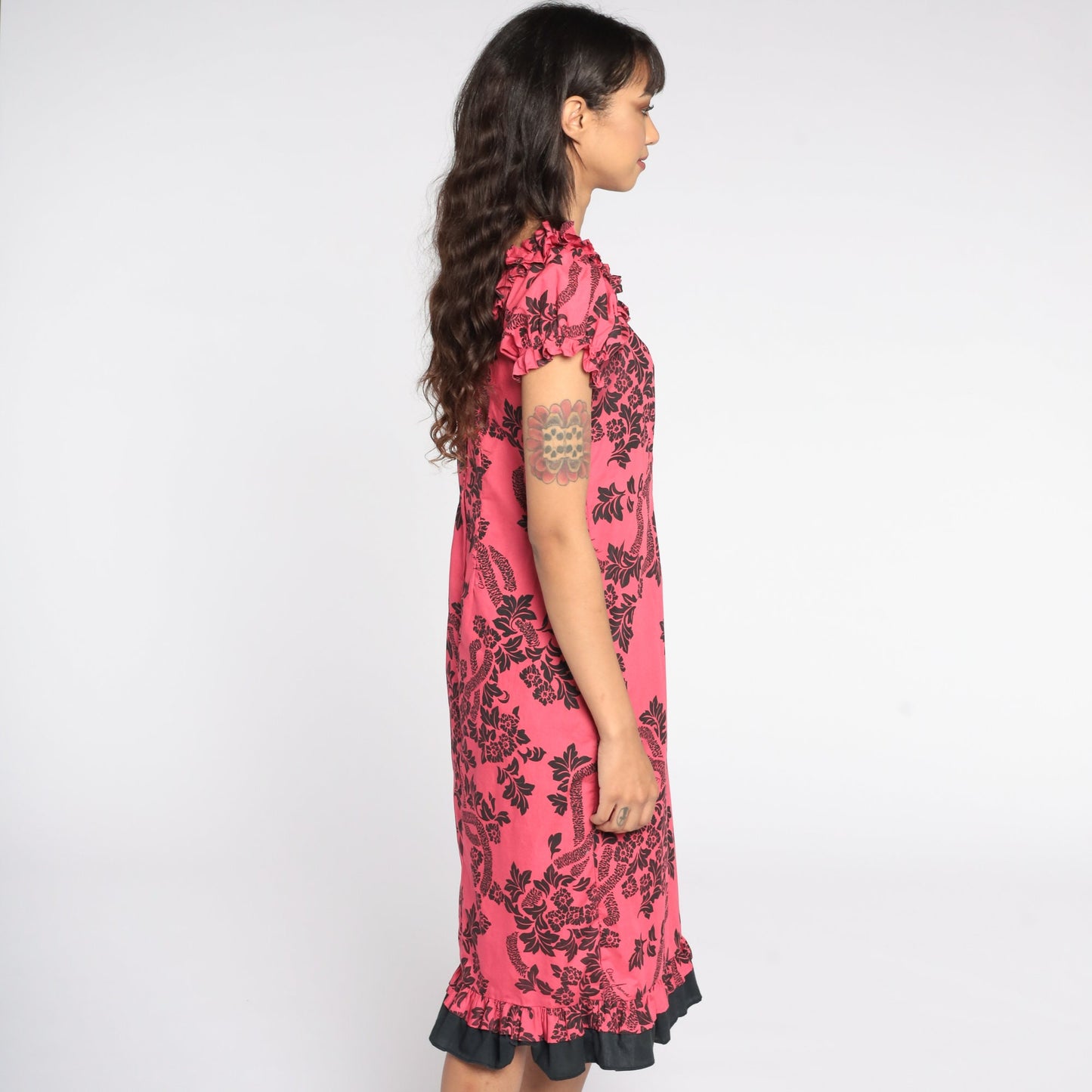 80s Pink Hawaiian Floral Midi Dress Puff Sleeve Shift Small S