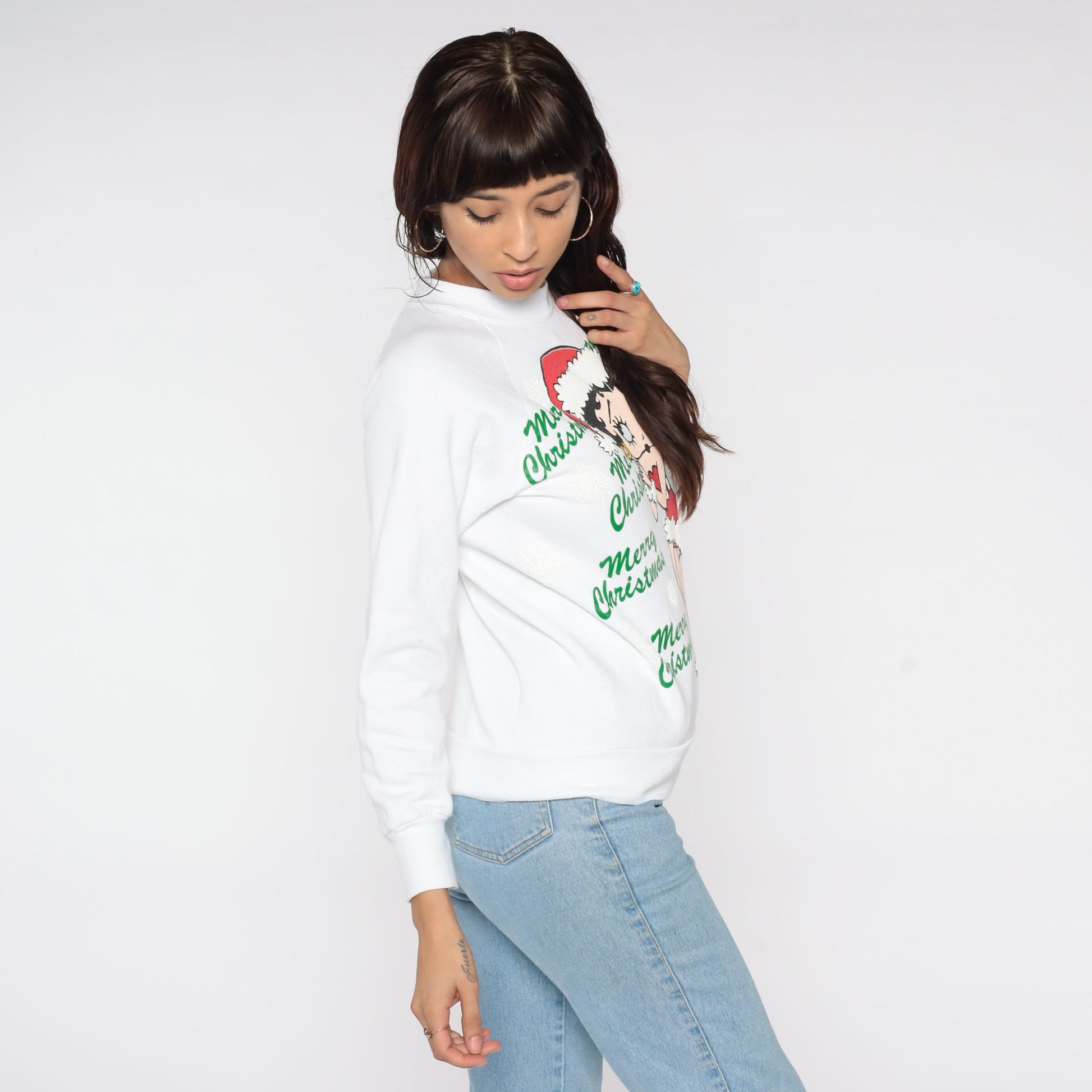 90s Betty Boop Merry Christmas Sweatshirt White Graphic Crewneck Small