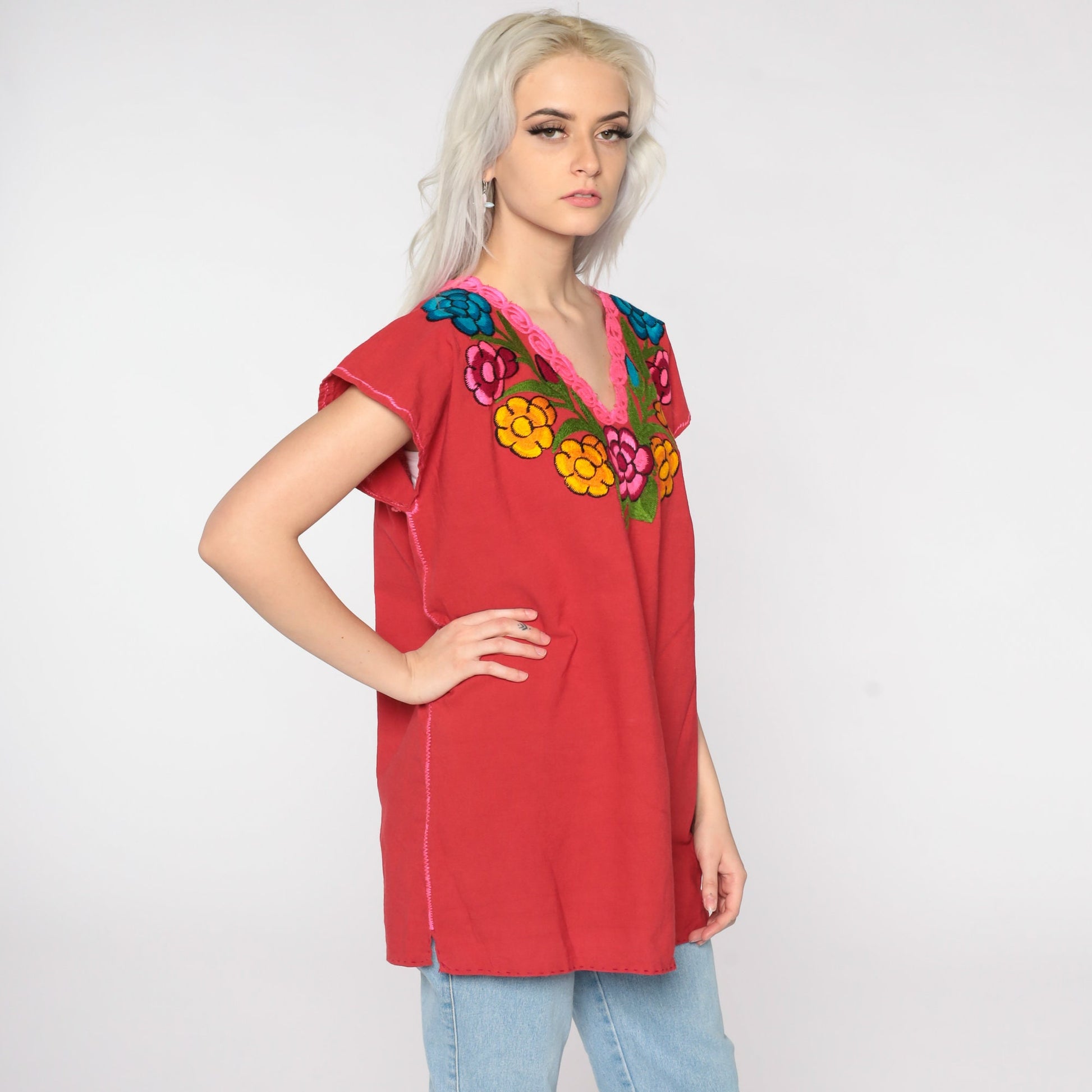 80s Red Embroidered Mexican Cotton Tunic Blouse Floral Short Sleeve Large