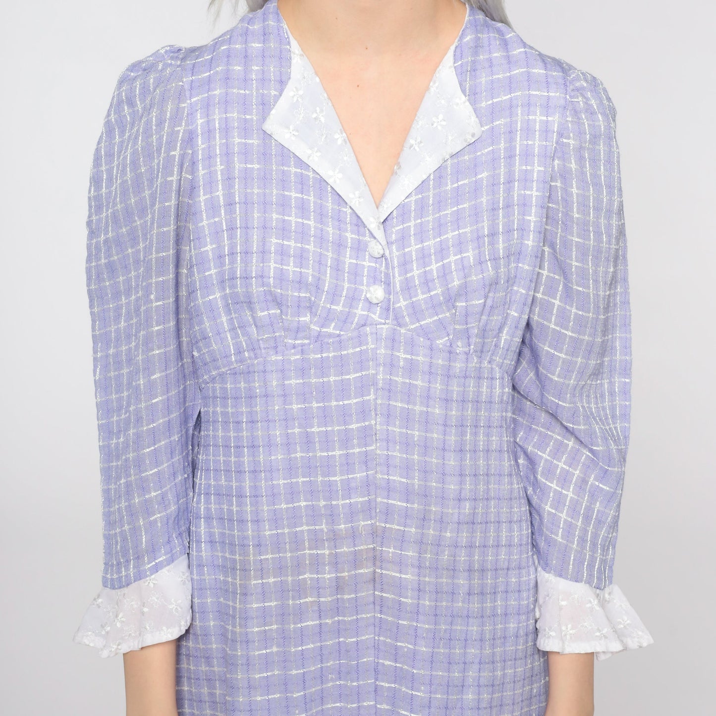 70s Purple Checkered Dress Puff Sleeve Empire Waist Midi Small