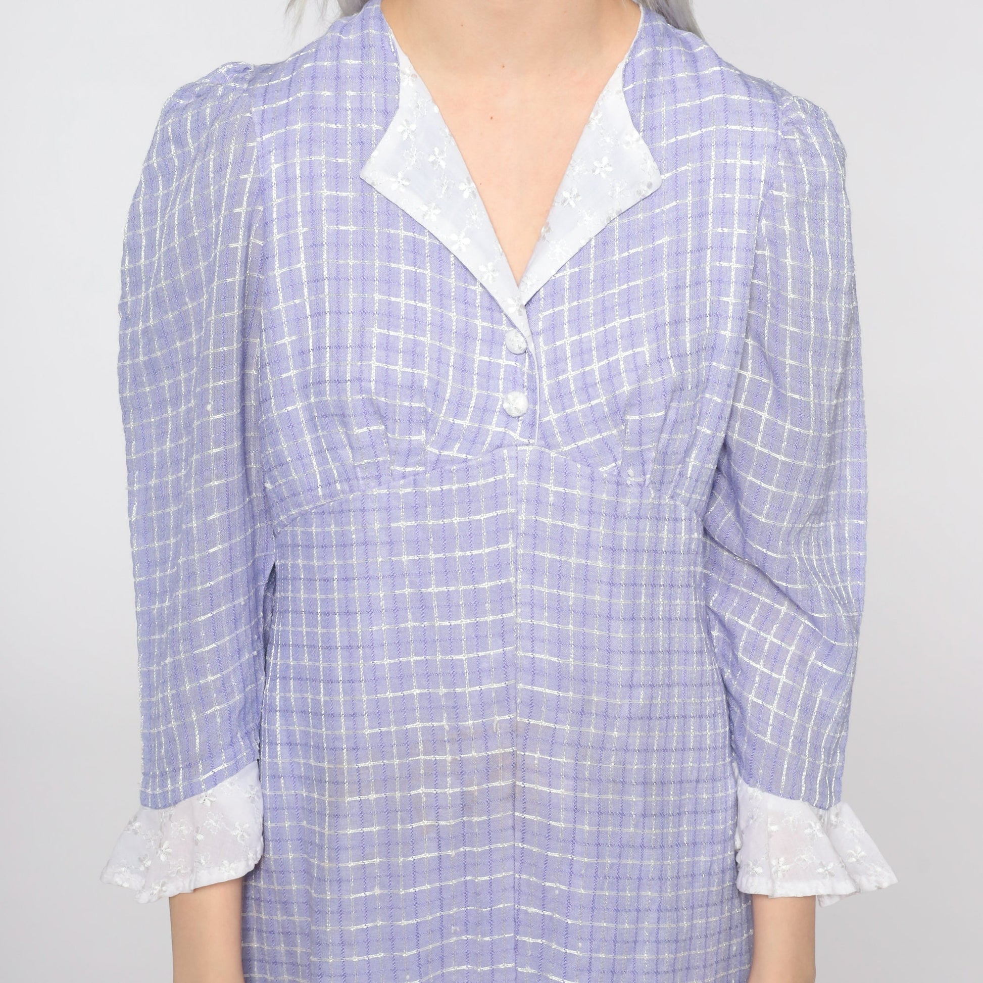 70s Purple Checkered Dress Puff Sleeve Empire Waist Midi Small